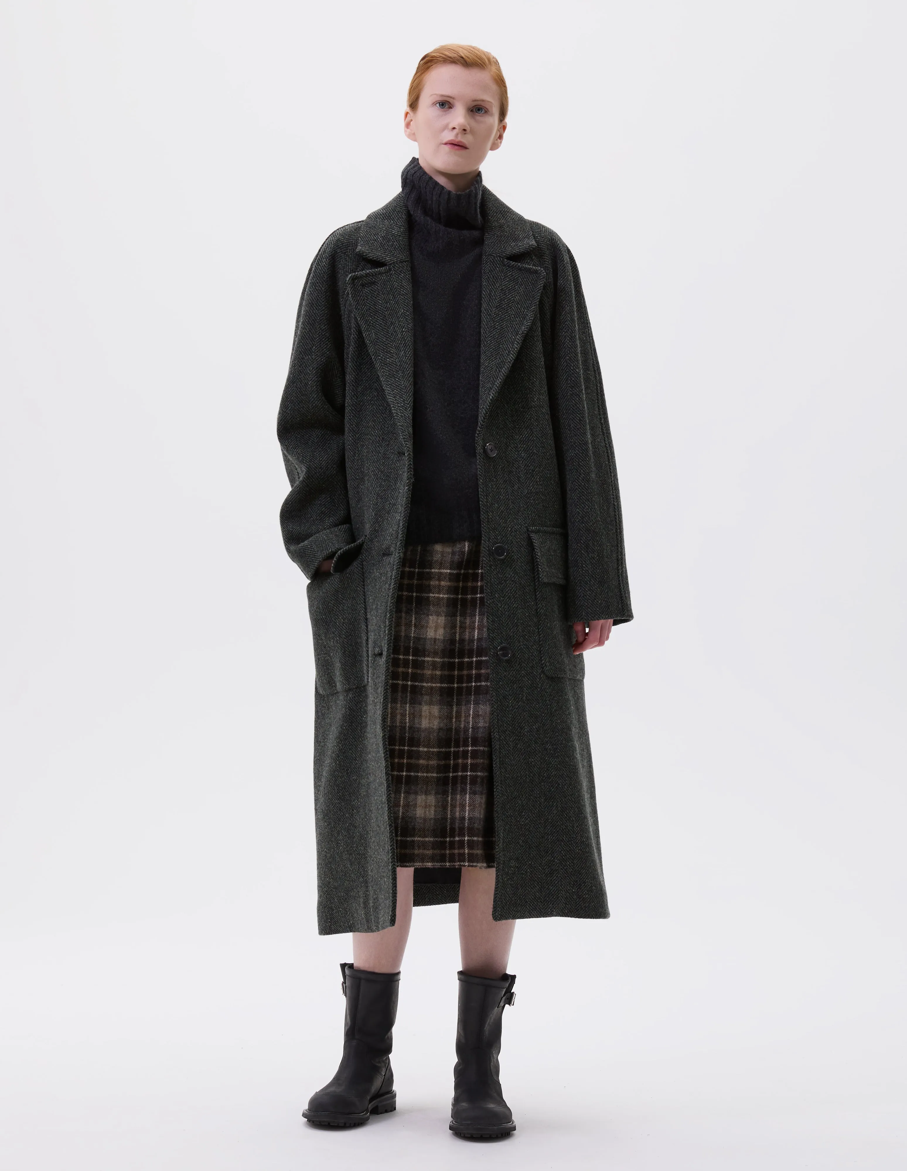 RAGLAN OVERCOAT | BRITISH WOOL HERRINGBONE | GREEN / BLACK sold by Margaret Howell