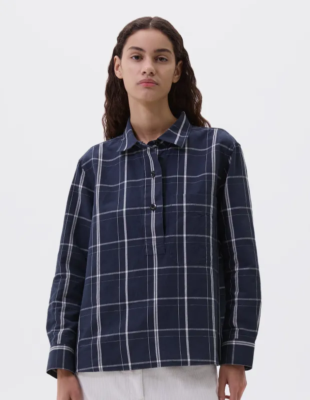 MHL. BIG POCKET SWING SHIRT | GRAPHIC GRID CHECK COTTON LINEN | SLATE BLUE / OFF WHITE sold by Margaret Howell