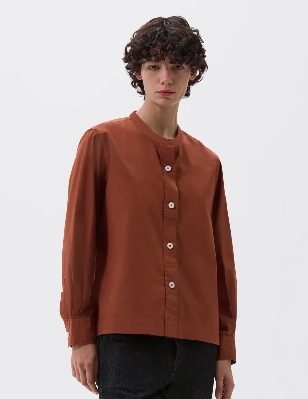 MHL. BUTTON THROUGH COLLARLESS SHIRT | WASHED COTTON POPLIN | BRICK sold by Margaret Howell