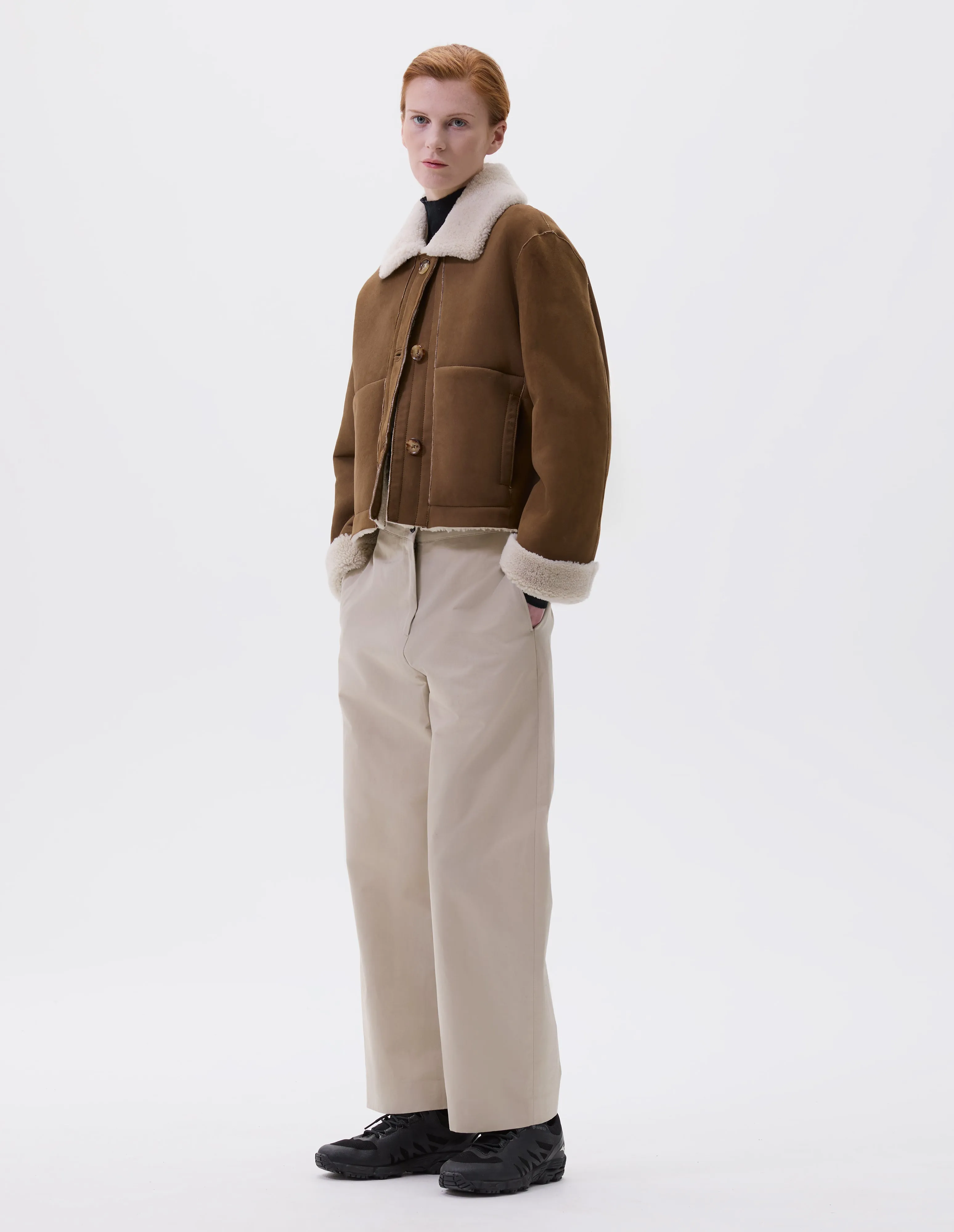 SHEARLING CROPPED JACKET | CURLY MERINO SHEARLING | TAN / ECRU sold by Margaret Howell product image thumbnail 2