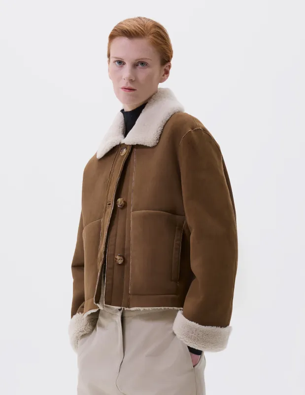 SHEARLING CROPPED JACKET | CURLY MERINO SHEARLING | TAN / ECRU sold by Margaret Howell