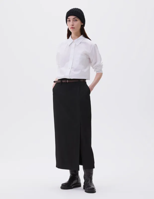 MIDI VENT SKIRT | FLUID WOOL TWILL | BLACK sold by Margaret Howell