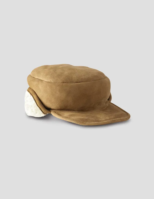 PRESS STUD SHEARLING CAP | CURLY MERINO SHEARLING | TAN / ECRU sold by Margaret Howell