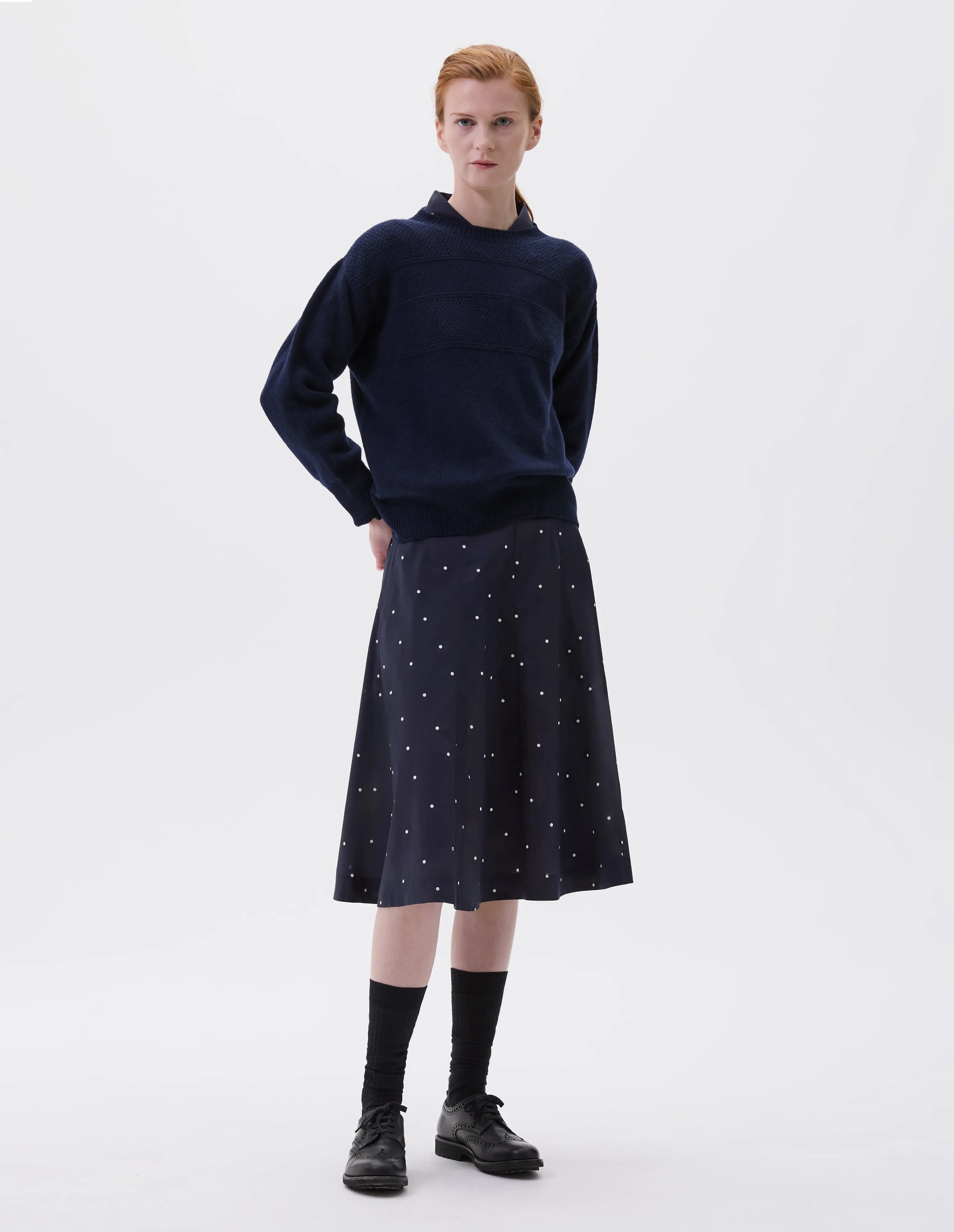 FLARED SKIRT | COTTON POLKA DOT | DARK NAVY / WHITE sold by Margaret Howell