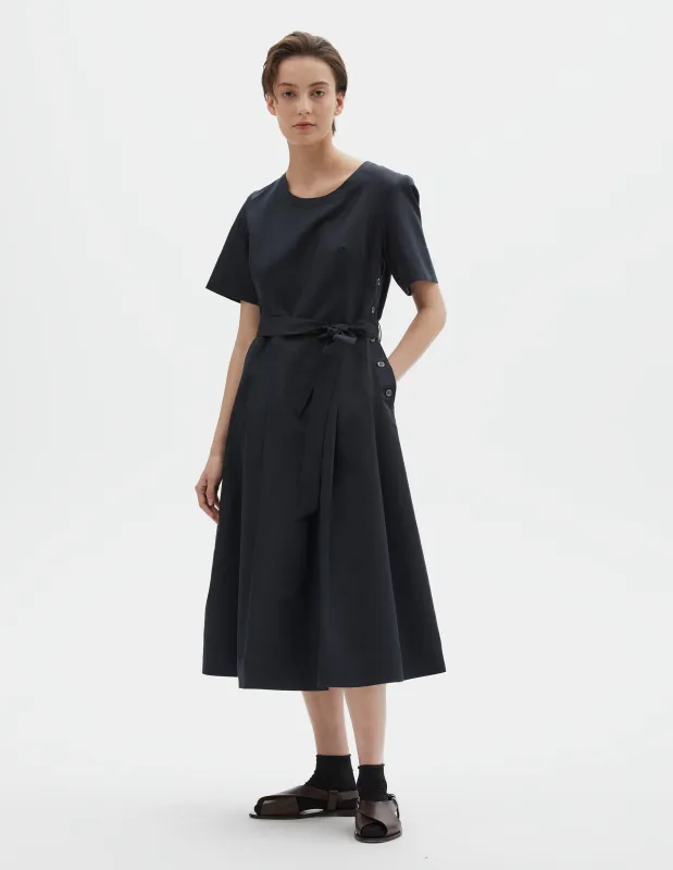 BELT TIE DRESS | COTTON SILK SATIN | BLACK made by Margaret Howell