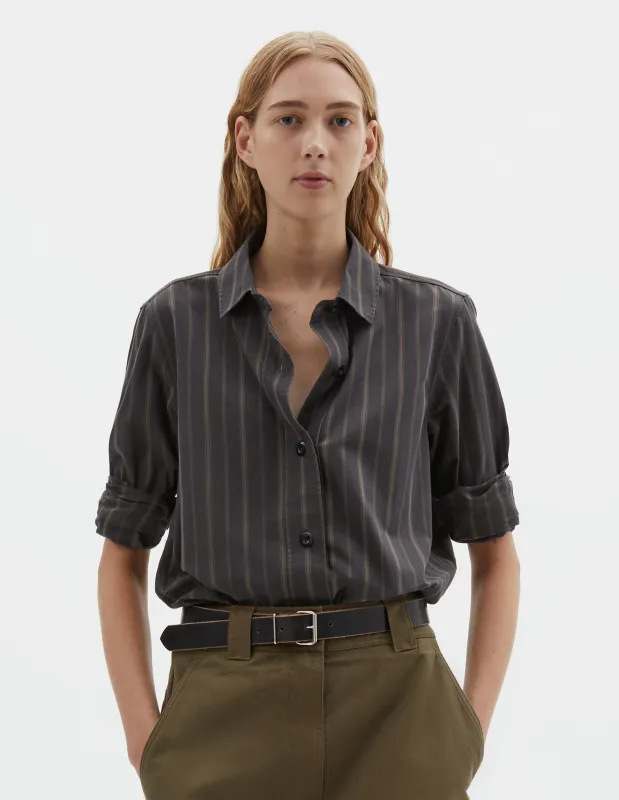 MHL. SIMPLE SHIRT | BOLD STRIPE COTTON | OFF BLACK / KHAKI sold by Margaret Howell
