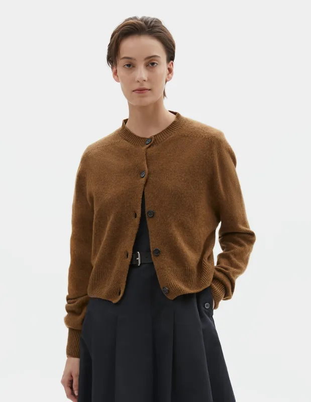SMALL CREW NECK CARDIGAN | MERINO CASHMERE | TOBACCO sold by Margaret Howell