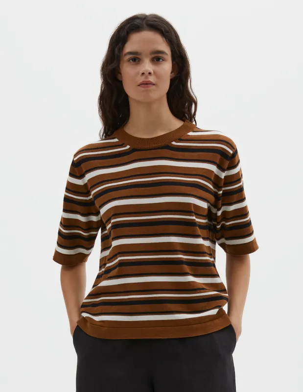STRIPED KNITTED T SHIRT | COTTON LINEN | BROWN / BLACK / OFF WHITE made by Margaret Howell