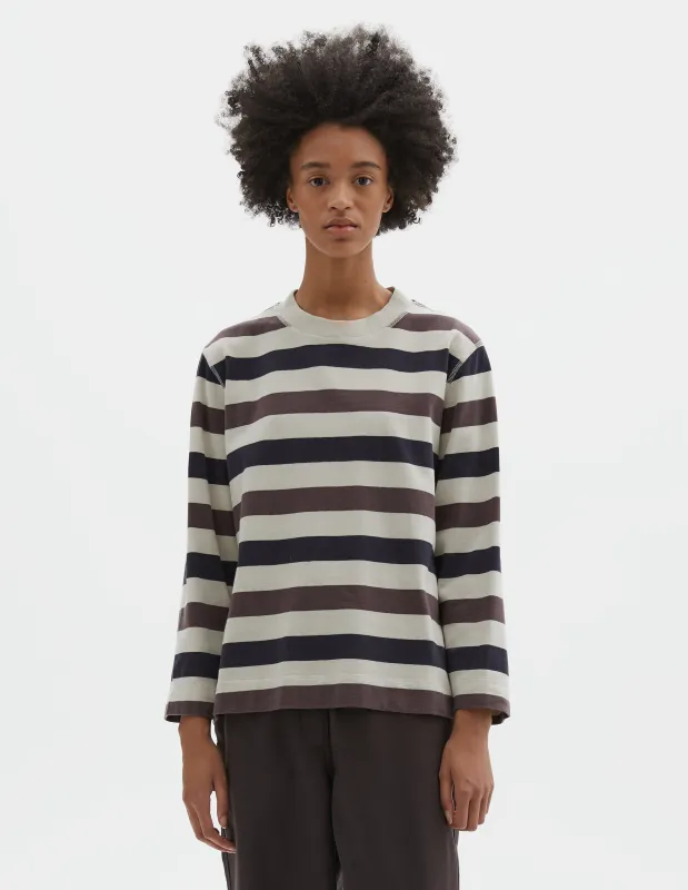 MHL. CREW NECK MATELOT | THREE COLOUR BLOCK STRIPE | CHALK / INK / GRAPE sold by Margaret Howell