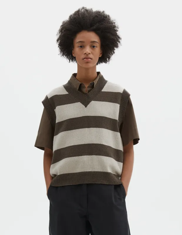 MHL. STRIPED V NECK SLIPOVER | WOOL COTTON | CONKER / OFF WHITE sold by Margaret Howell