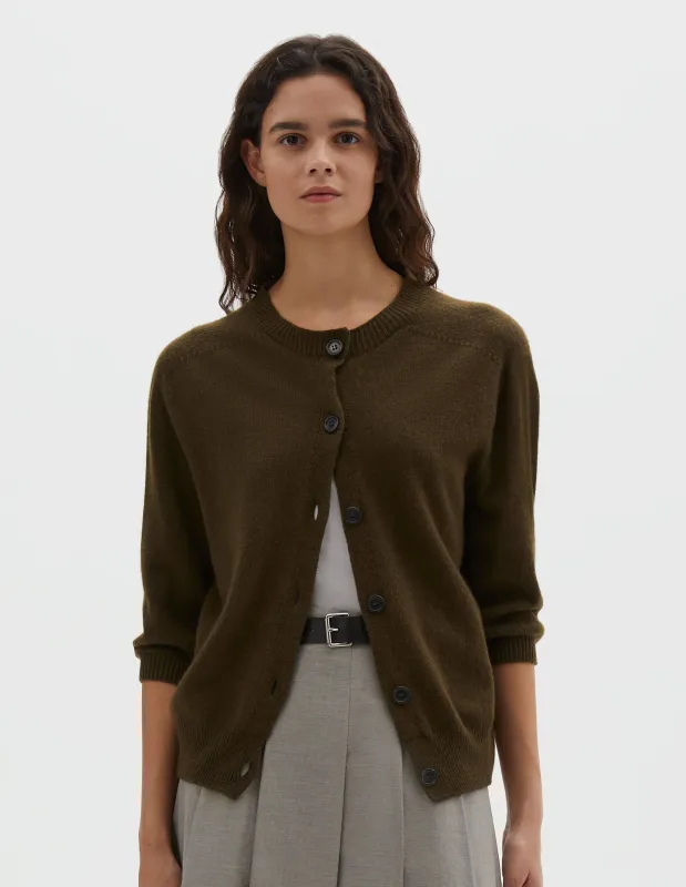 SHORT SLEEVE CARDIGAN | CASHMERE COTTON | DARK OLIVE sold by Margaret Howell