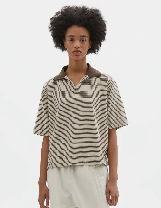 MHL. BOXY POLO | DRY STRIPE COTTON JERSEY | BROWN / WHITE sold by Margaret Howell