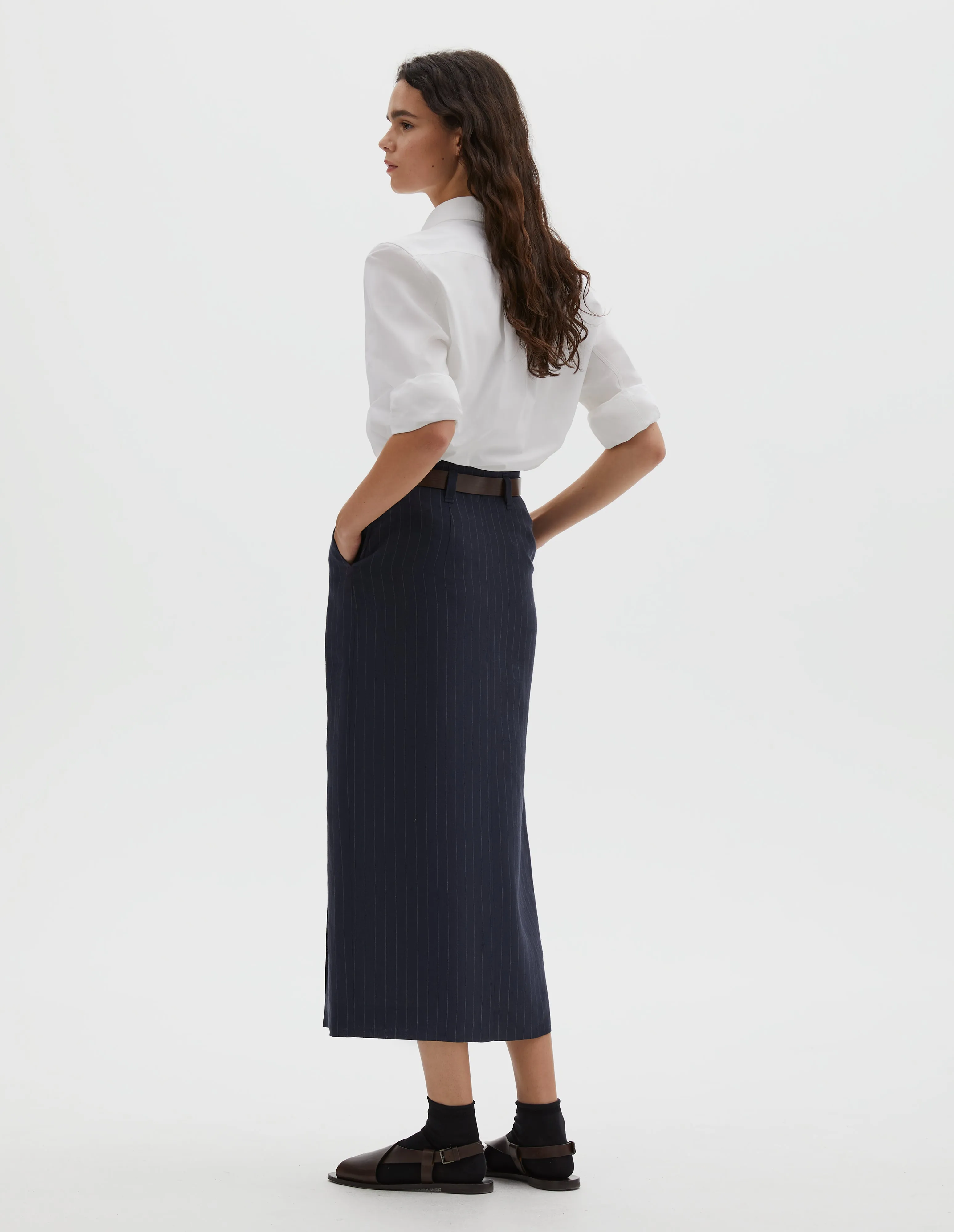 MIDI VENT SKIRT | PINSTRIPE LINEN | NAVY / GREY sold by Margaret Howell product image thumbnail 2