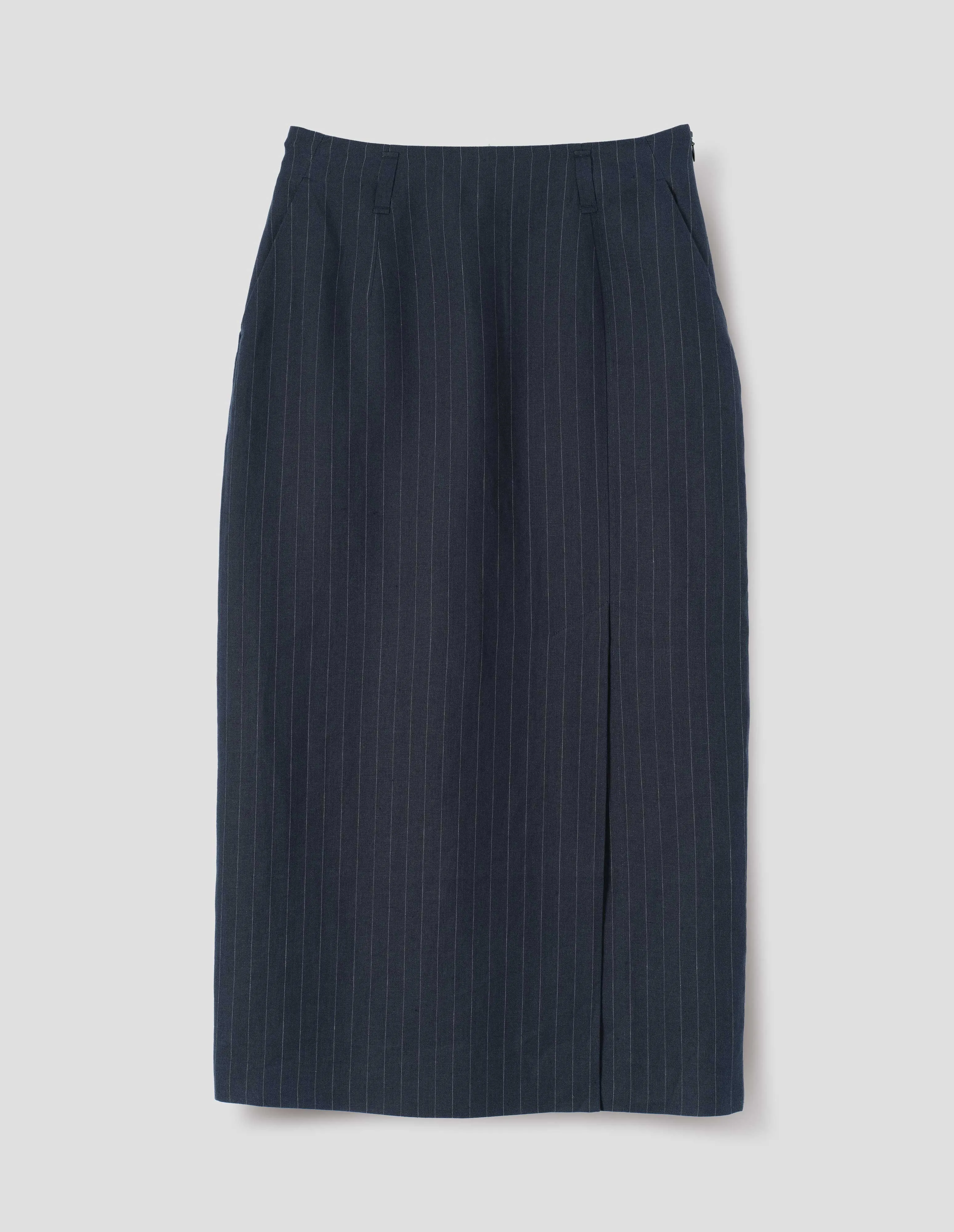 MIDI VENT SKIRT | PINSTRIPE LINEN | NAVY / GREY sold by Margaret Howell product image thumbnail 3