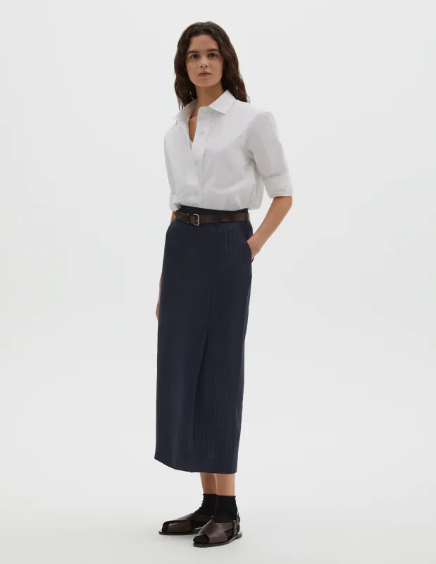 MIDI VENT SKIRT | PINSTRIPE LINEN | NAVY / GREY sold by Margaret Howell