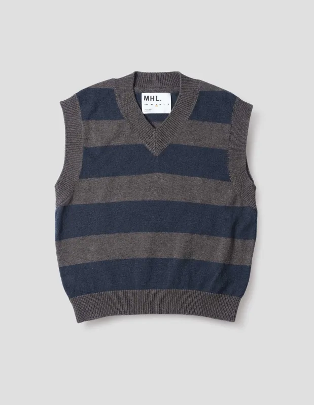 MHL. STRIPED V NECK SLIPOVER | WOOL COTTON | CHARCOAL / NAVY sold by Margaret Howell