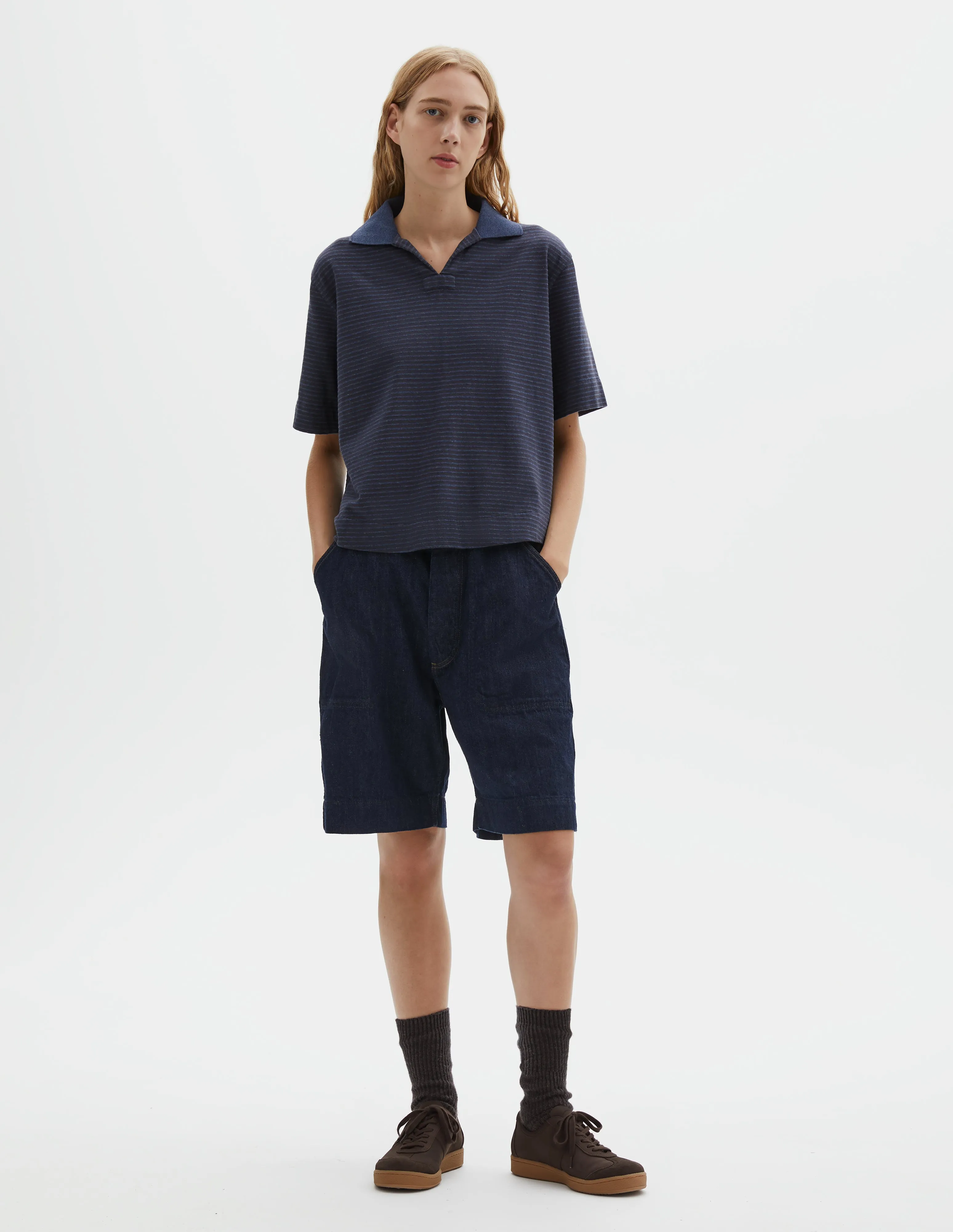 MHL. BOXY POLO | DRY STRIPE COTTON JERSEY | INDIGO / INK sold by Margaret Howell product image thumbnail 2