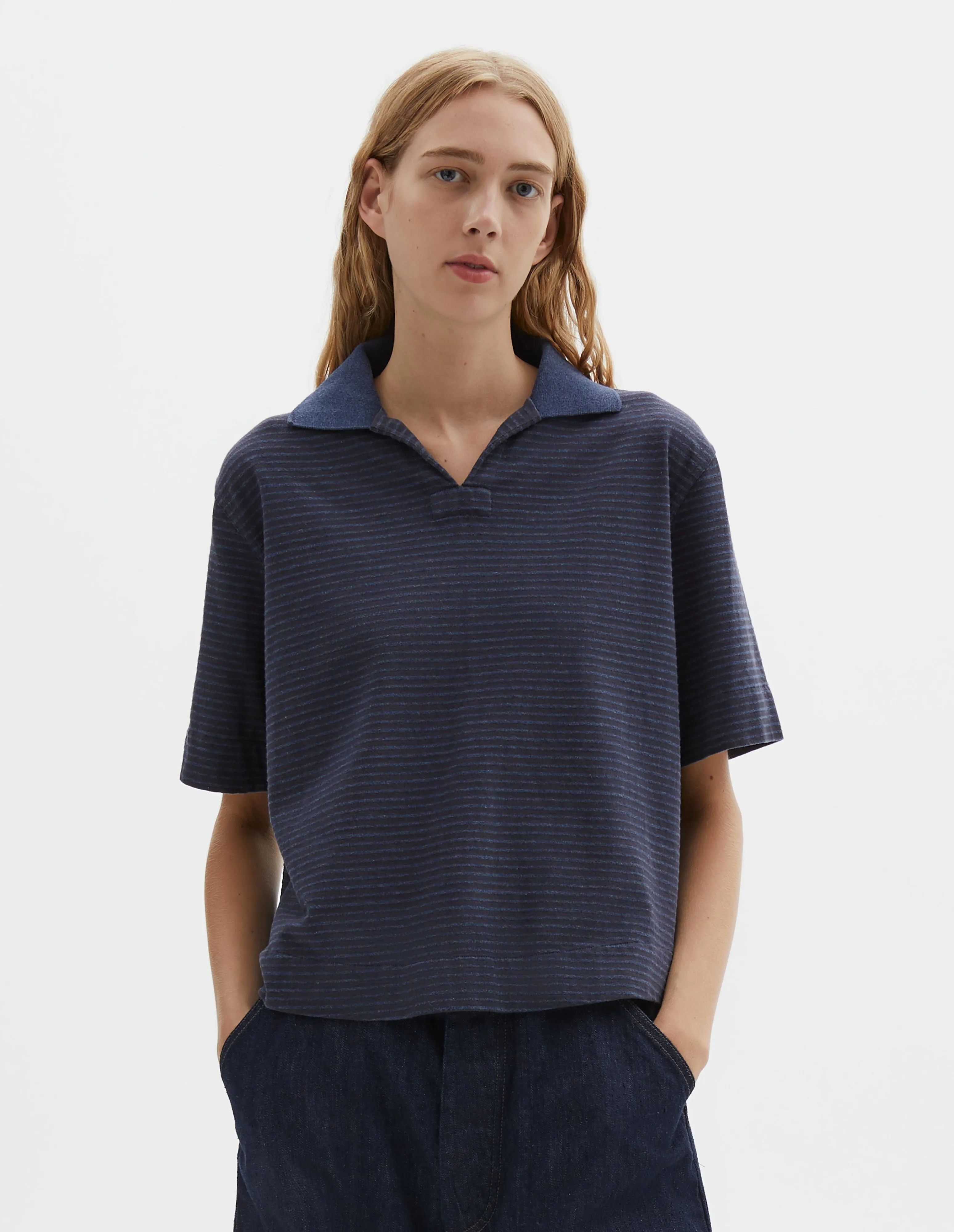 MHL. BOXY POLO | DRY STRIPE COTTON JERSEY | INDIGO / INK sold by Margaret Howell