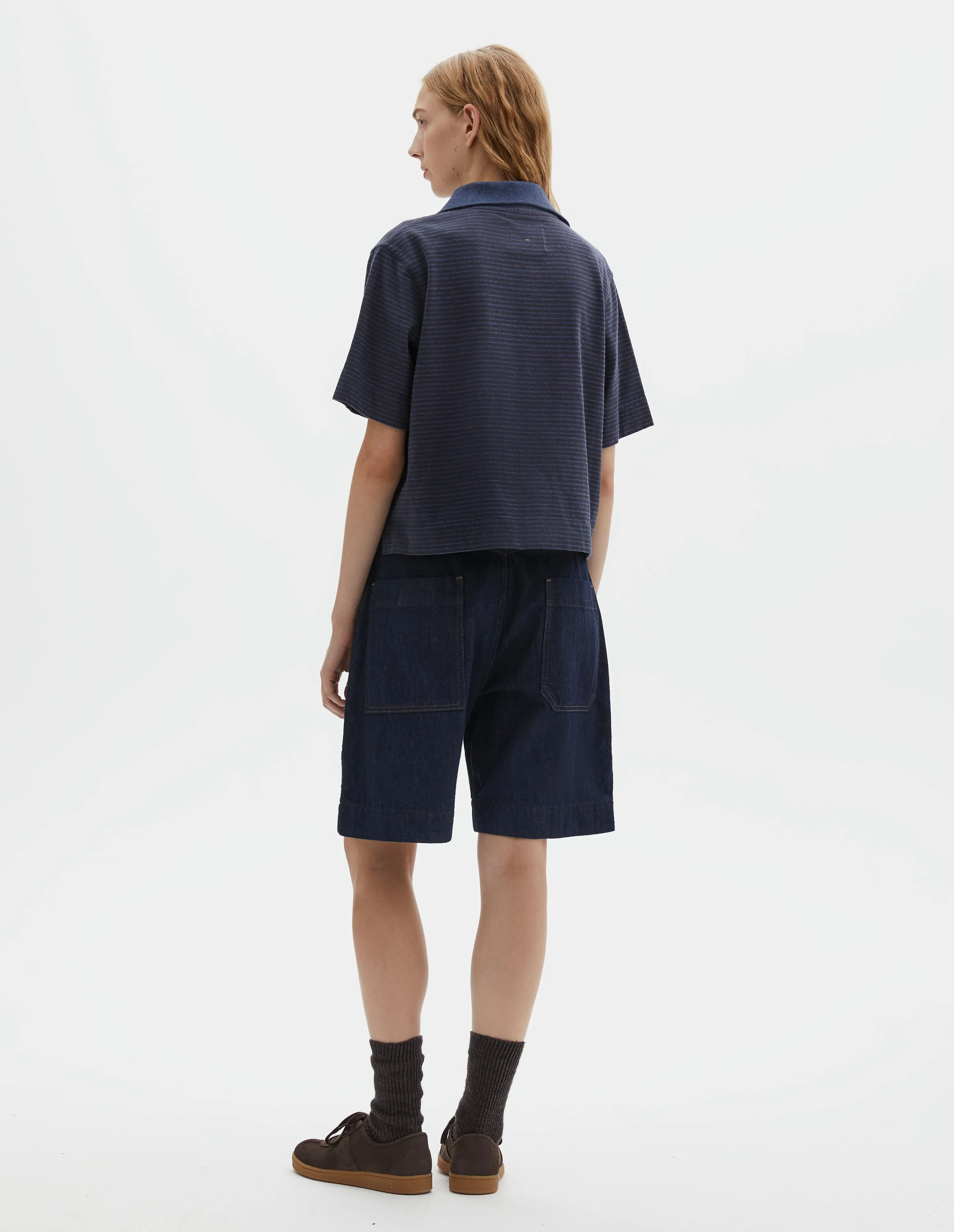 MHL. BOXY POLO | DRY STRIPE COTTON JERSEY | INDIGO / INK sold by Margaret Howell product image thumbnail 3