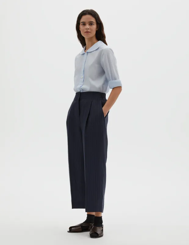 PLEATED FRONT CROPPED TROUSERS | PINSTRIPE LINEN | NAVY / GREY sold by Margaret Howell