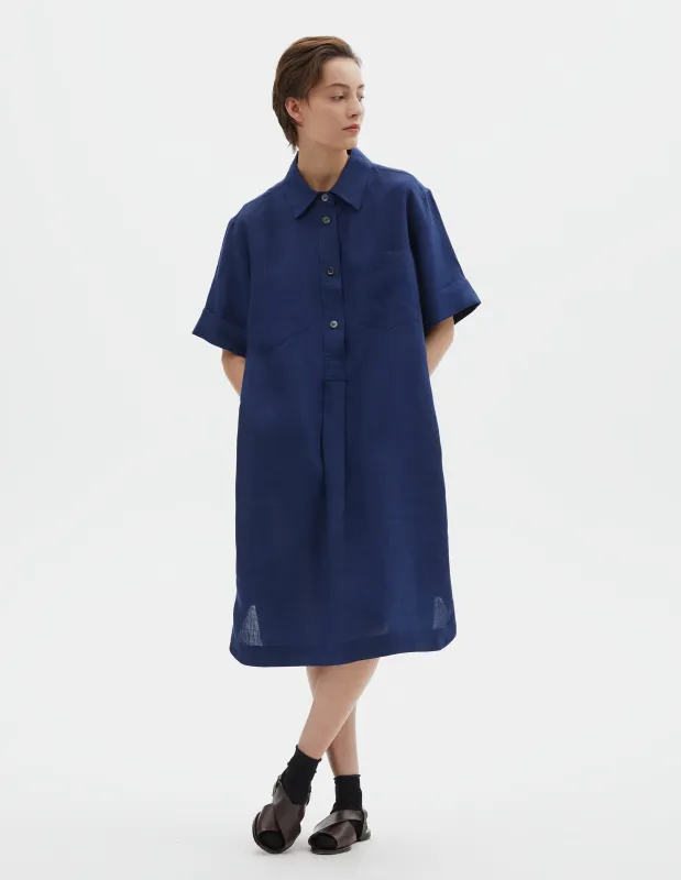 SHORT SLEEVE SHIRT DRESS | SHIRTING LINEN | DEEP BLUE sold by Margaret Howell