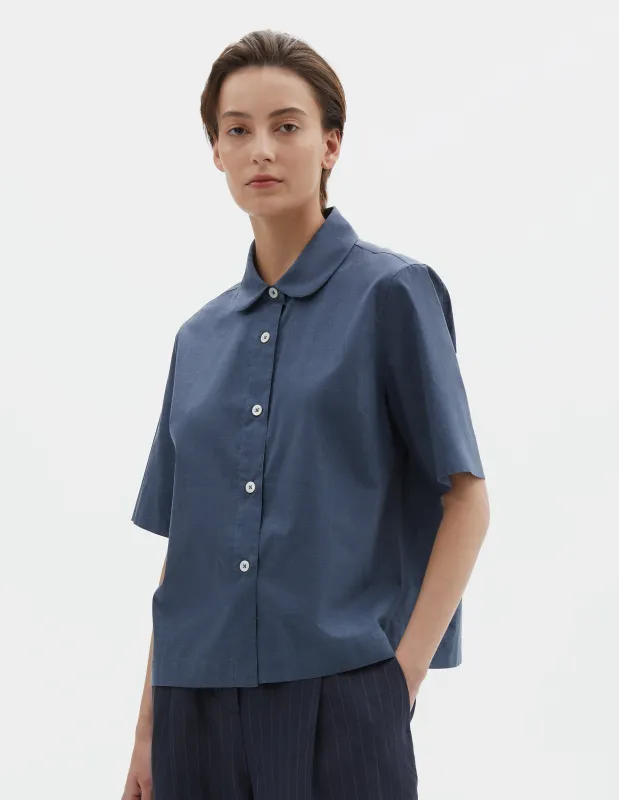 SHORT SLEEVE ROUND COLLAR SHIRT | FINE COTTON CHAMBRAY | INDIGO made by Margaret Howell