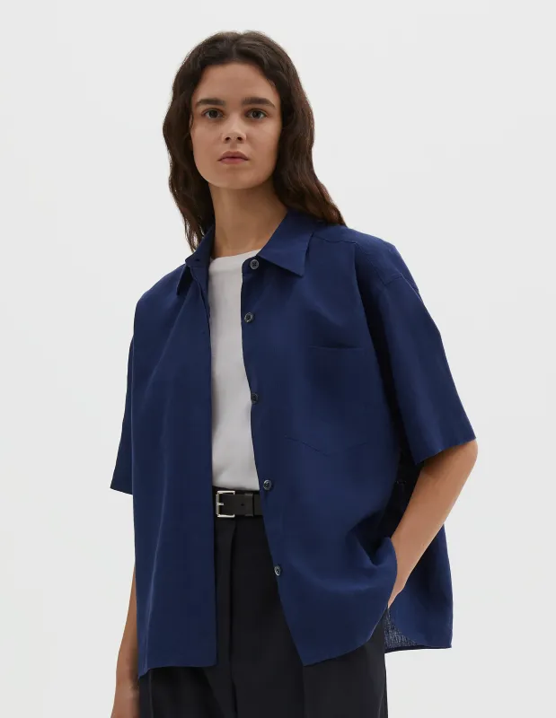 SHORT SLEEVE FLY PLACKET SHIRT | SHIRTING LINEN | DEEP BLUE made by Margaret Howell
