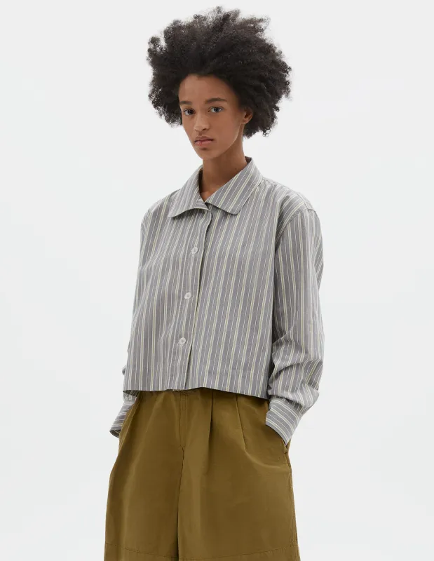 MHL. ASYMMETRIC ROUND COLLAR SHIRT | PYJAMA STRIPE COTTON | OFF WHITE / GREY / ZEST made by Margaret Howell