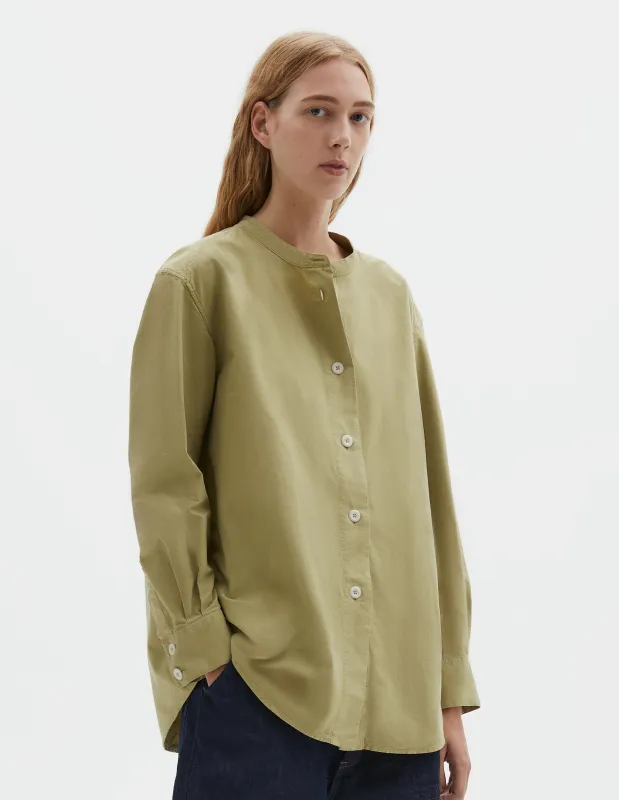 MHL. LONG COLLARLESS SHIRT | COTTON CANVAS SHIRTING | PALE GREEN sold by Margaret Howell