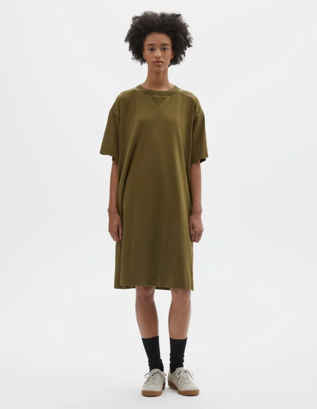 MHL. RELAXED T SHIRT DRESS | LIGHTWEIGHT DRY JERSEY | OLIVE GREEN sold by Margaret Howell