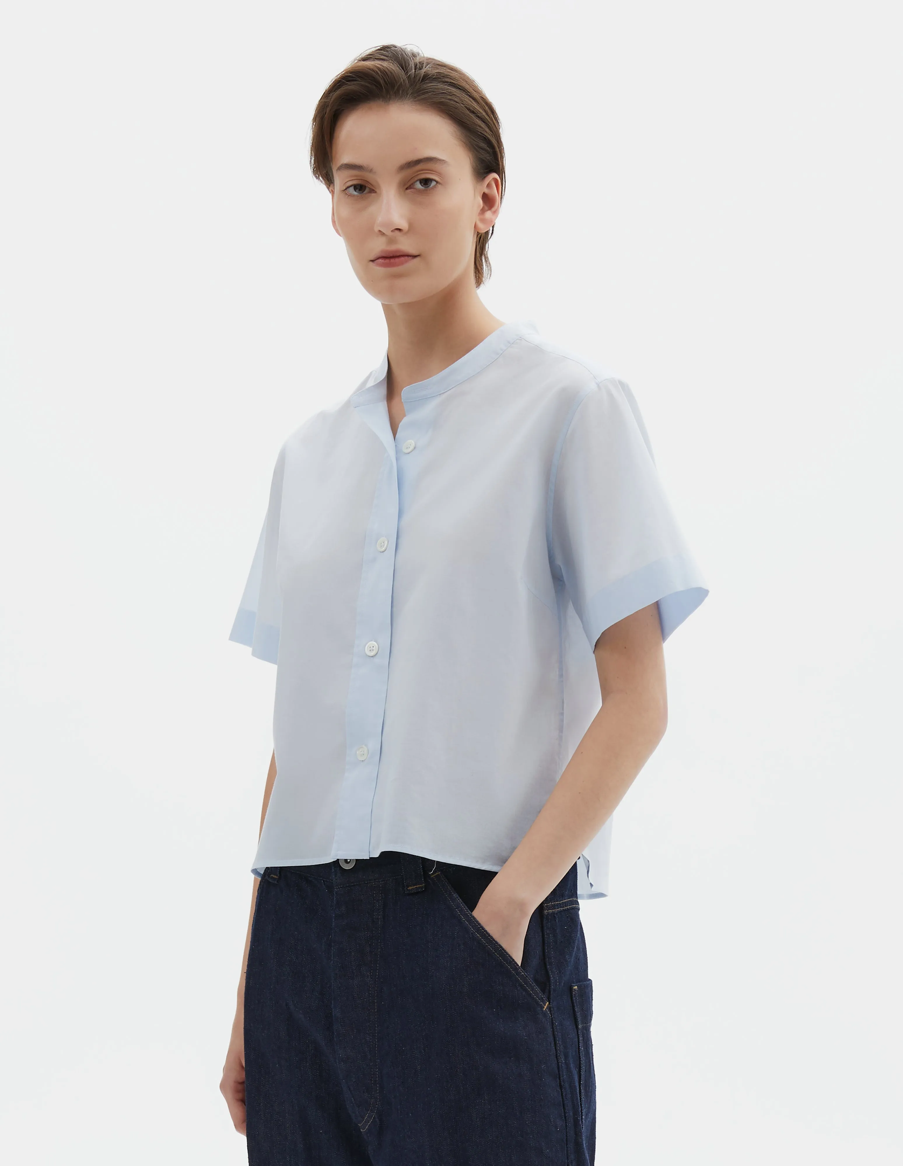 SHORT SLEEVE COLLARLESS SHIRT | WASHED COTTON | PALE BLUE sold by Margaret Howell