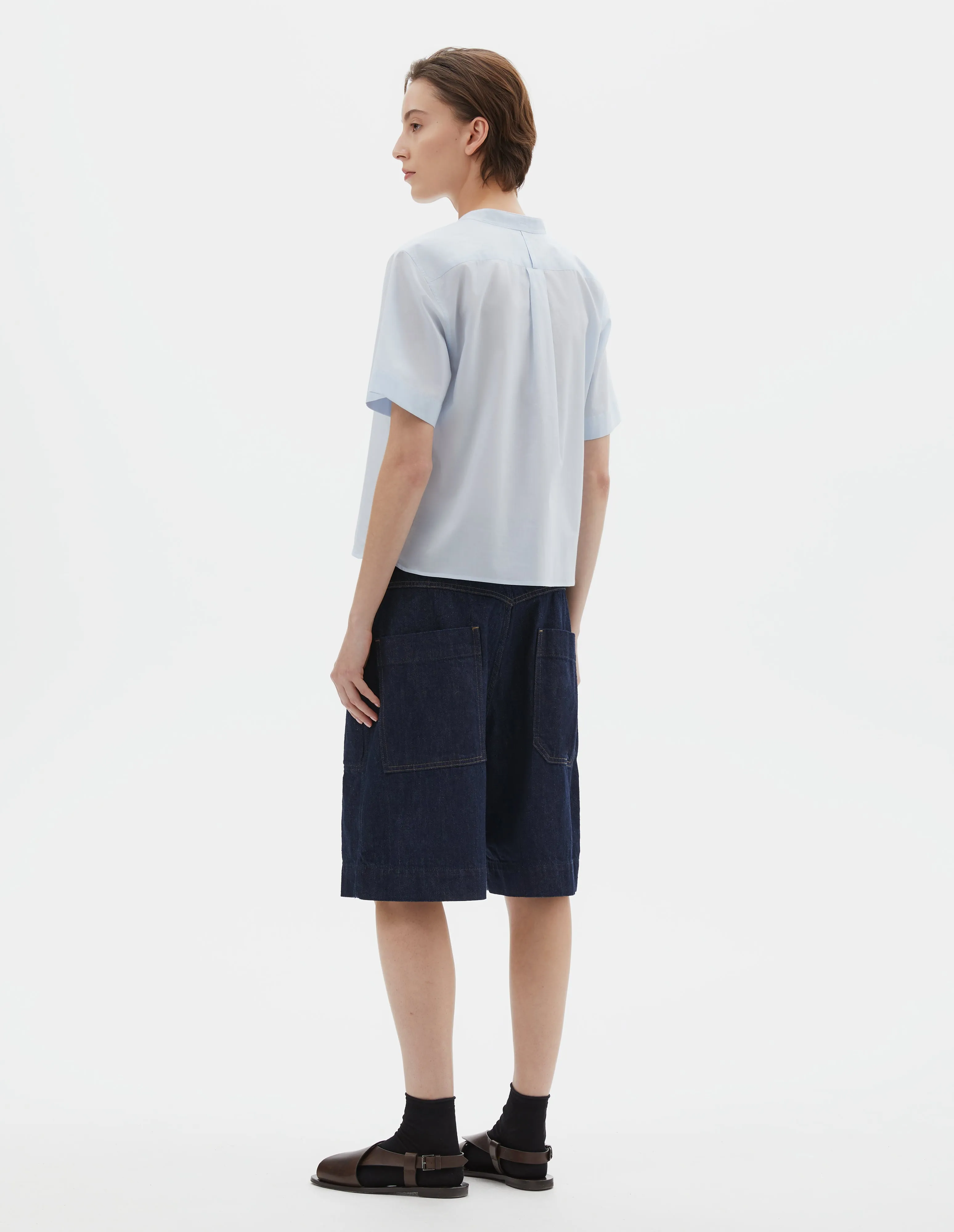 SHORT SLEEVE COLLARLESS SHIRT | WASHED COTTON | PALE BLUE sold by Margaret Howell product image thumbnail 3