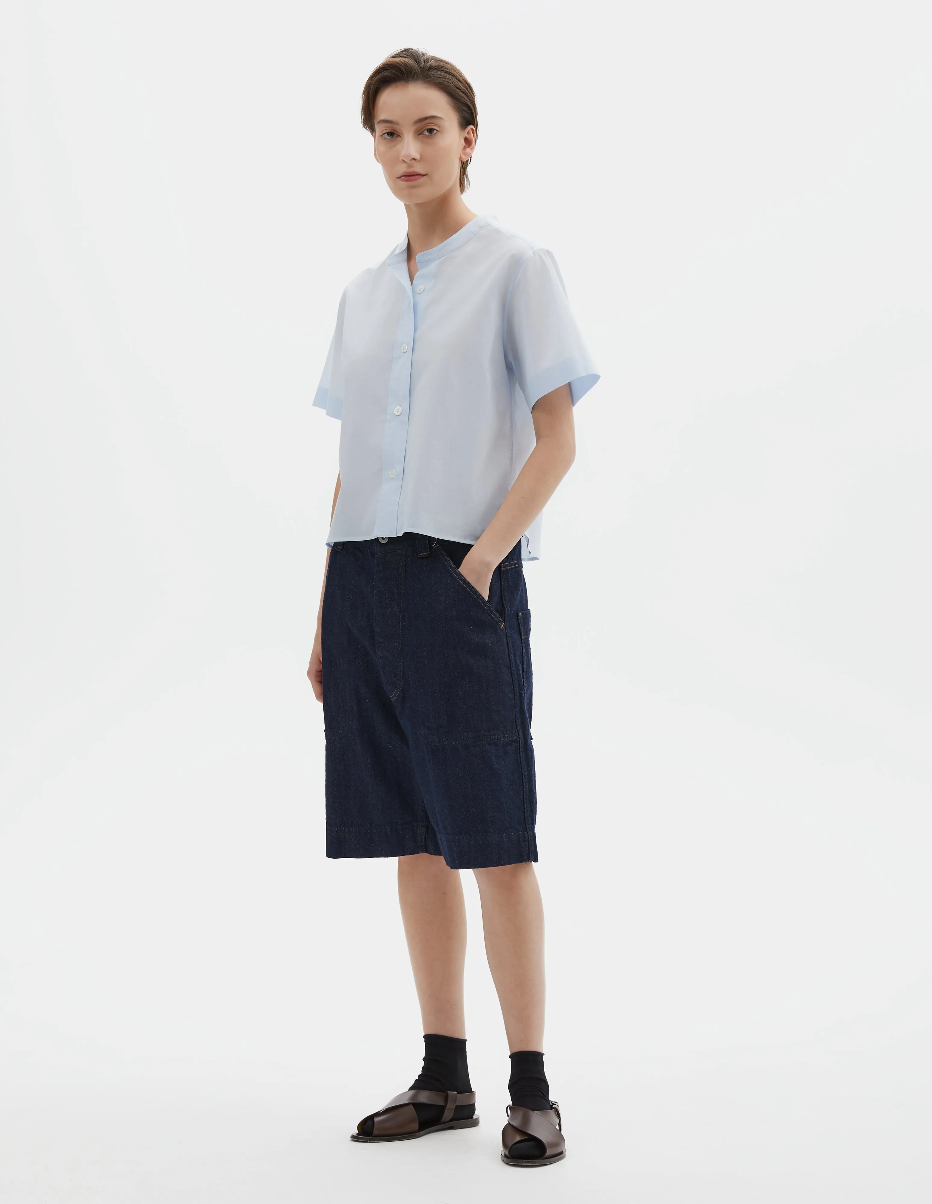 SHORT SLEEVE COLLARLESS SHIRT | WASHED COTTON | PALE BLUE sold by Margaret Howell product image thumbnail 2
