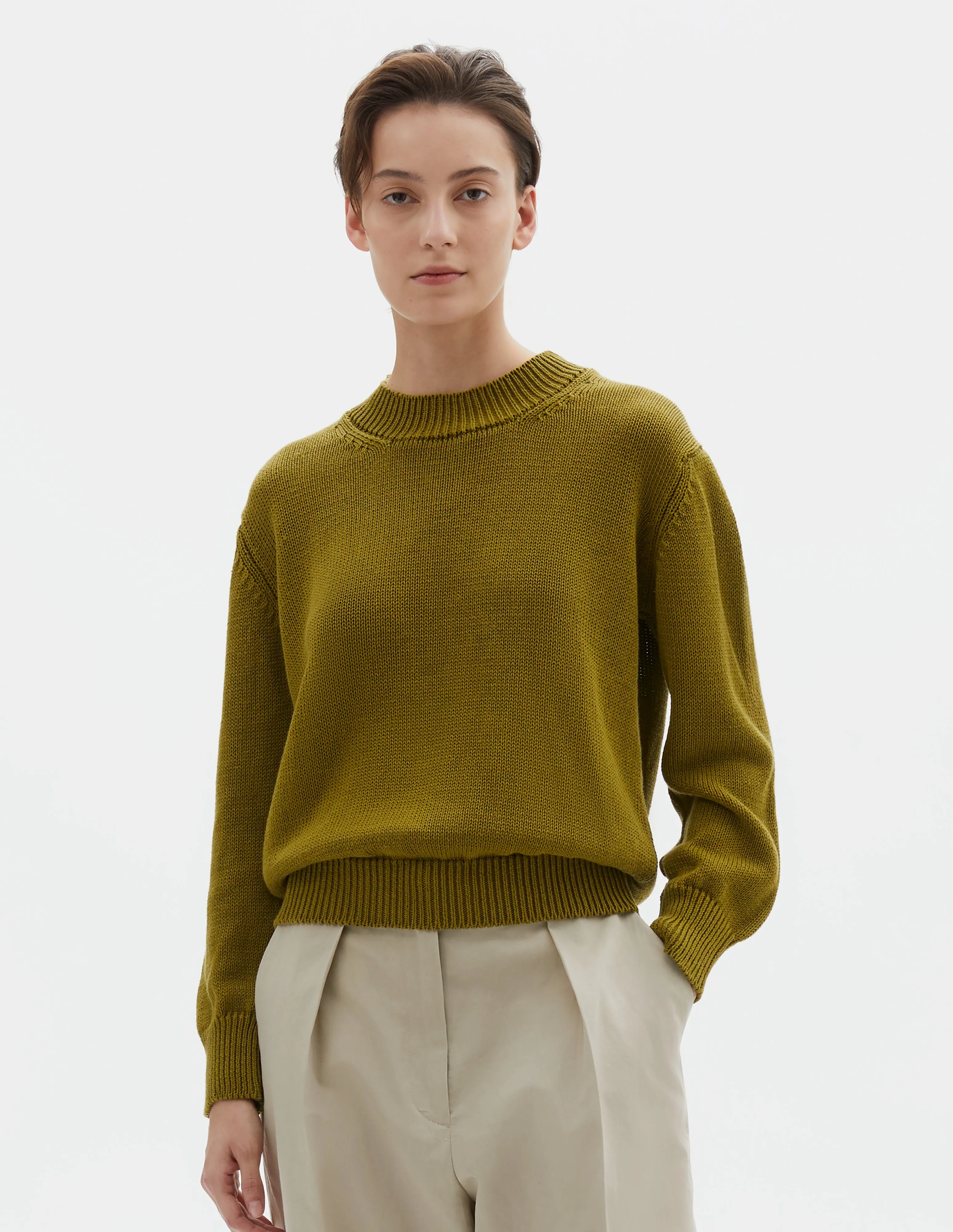 CHUNKY CREW NECK JUMPER | LINEN COTTON | BRIGHT OLIVE sold by Margaret Howell