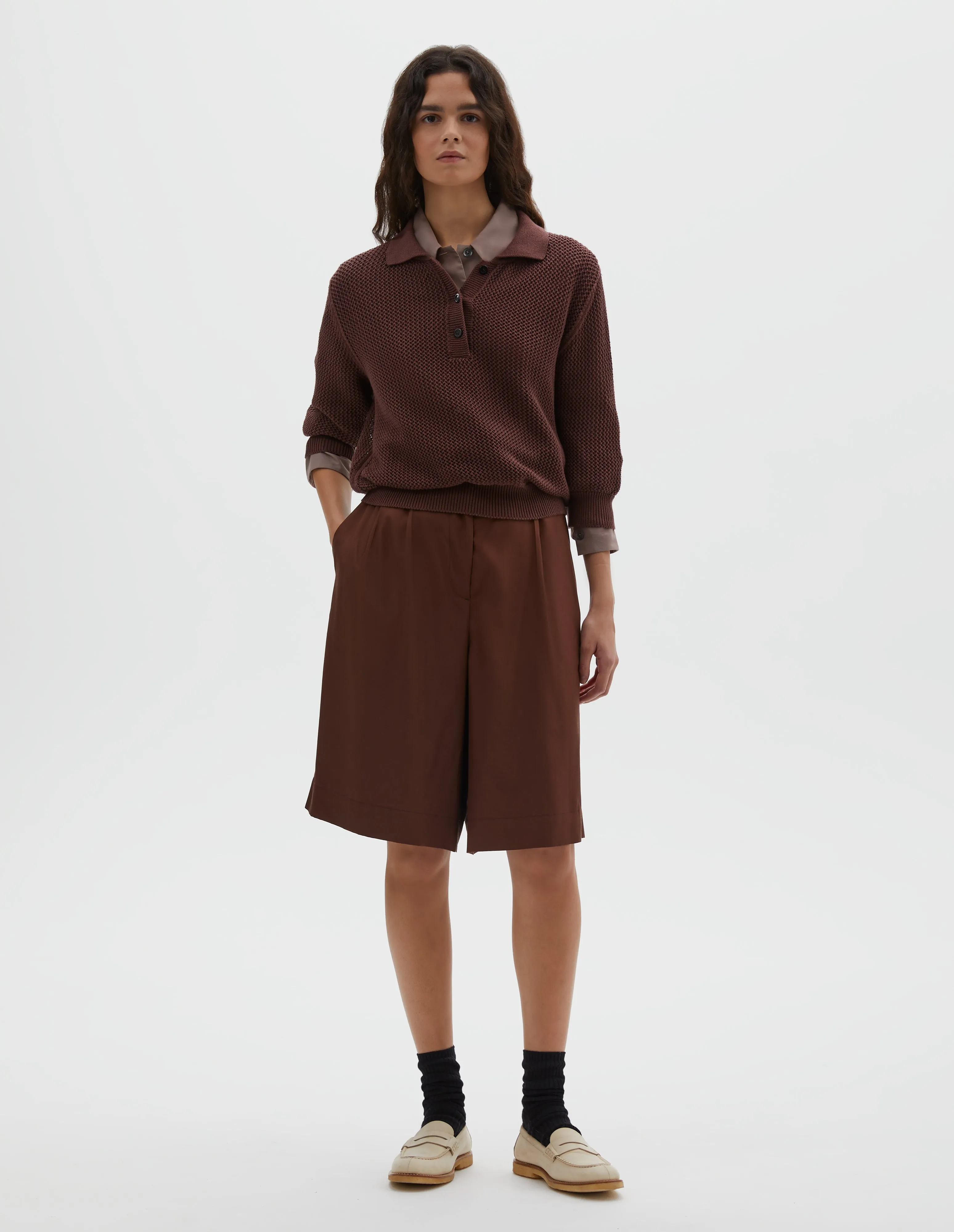 POINTELLE POLO SHIRT | LIGHT COTTON CASHMERE | DARK CLAY sold by Margaret Howell product image thumbnail 2
