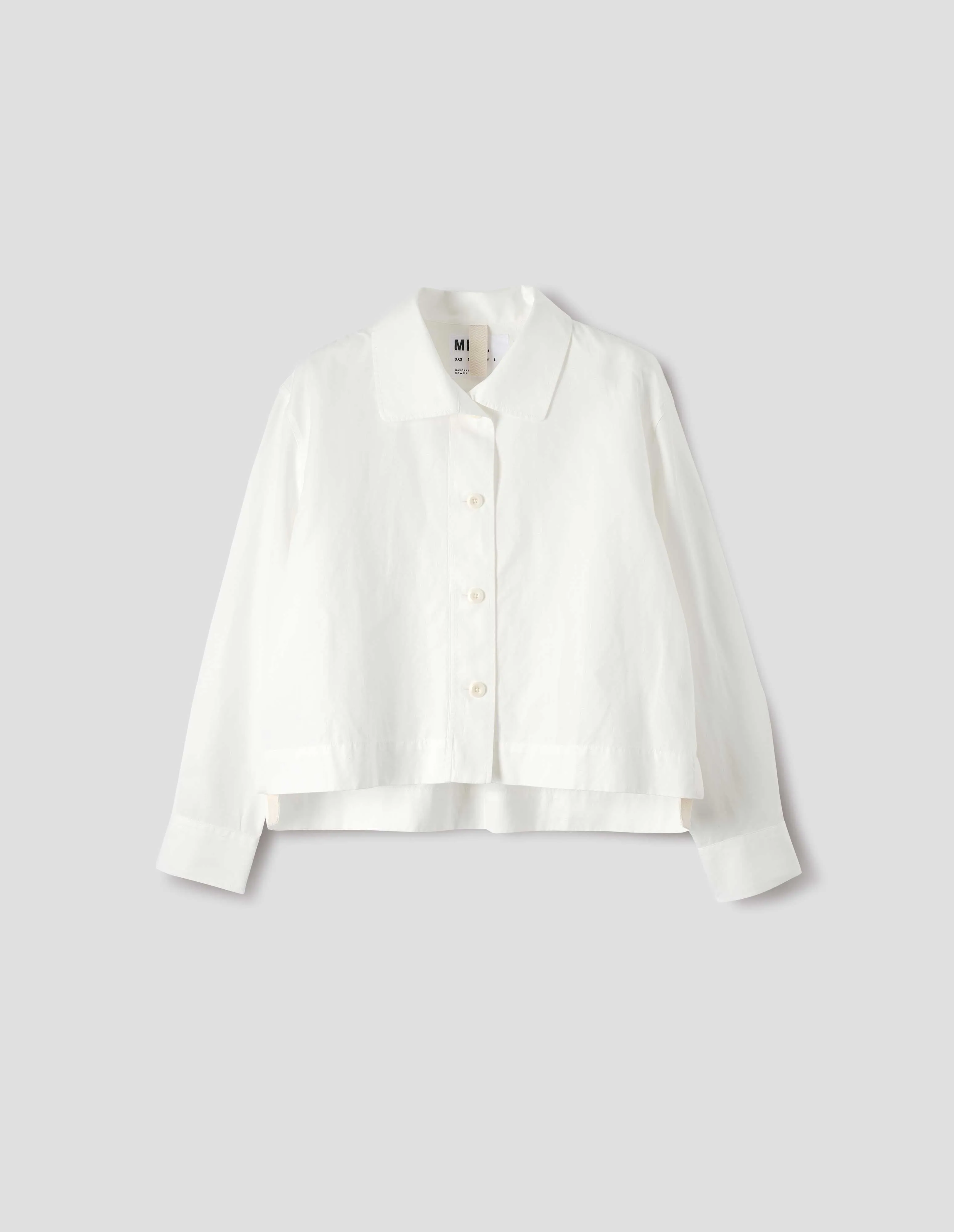MHL. ASYMMETRIC ROUND COLLAR SHIRT | COTTON LINEN POPLIN | CHALK sold by Margaret Howell product image thumbnail 4