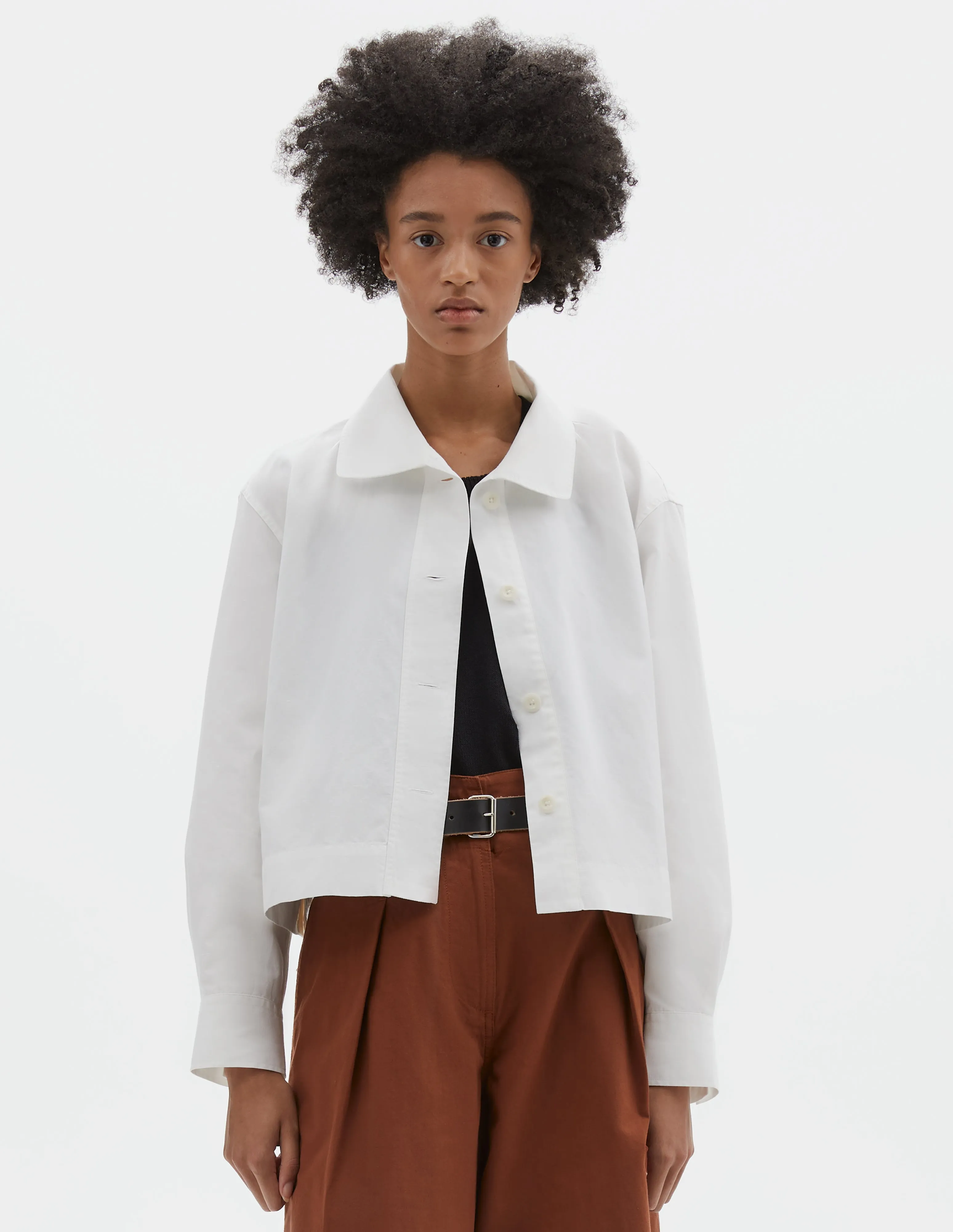 MHL. ASYMMETRIC ROUND COLLAR SHIRT | COTTON LINEN POPLIN | CHALK sold by Margaret Howell