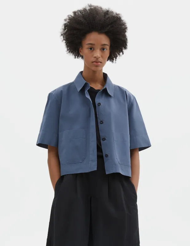 MHL. CROPPED UNIFORM SHIRT | SANDED COTTON POPLIN | UNIFORM BLUE sold by Margaret Howell