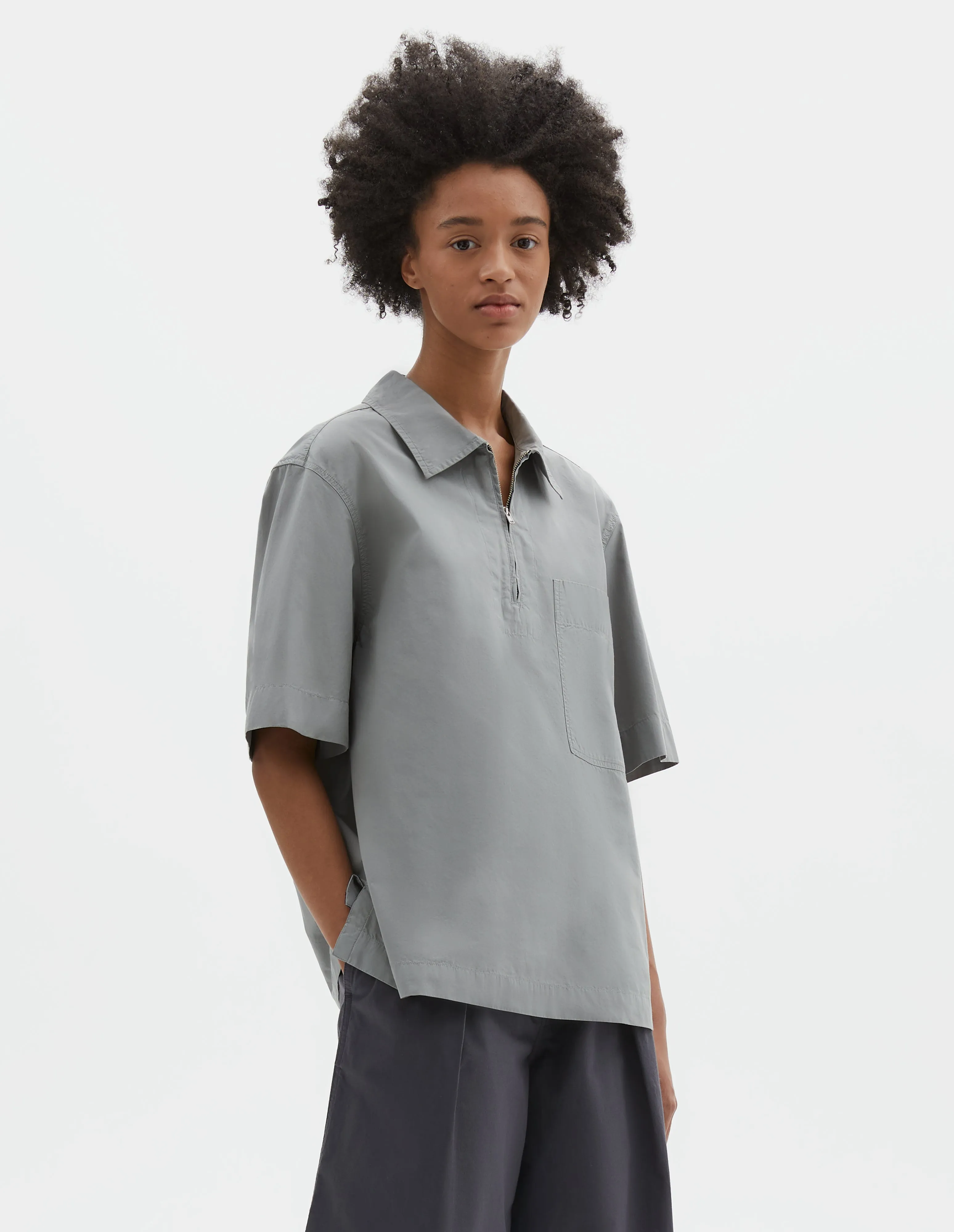 MHL. HALF ZIP SHIRT | COMPACT COTTON POPLIN | FOG sold by Margaret Howell