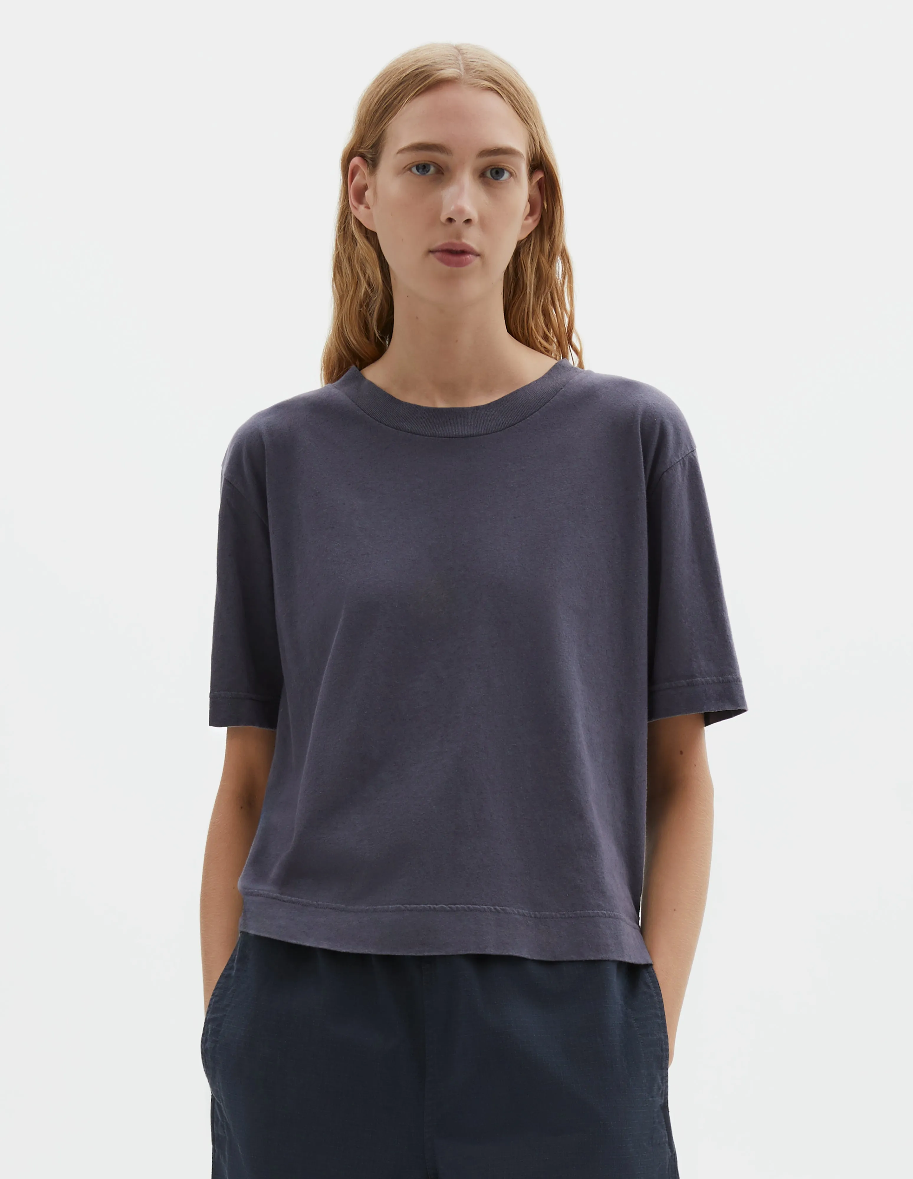 MHL. SIMPLE T SHIRT | ORGANIC COTTON LINEN JERSEY | SLATE BLUE sold by Margaret Howell