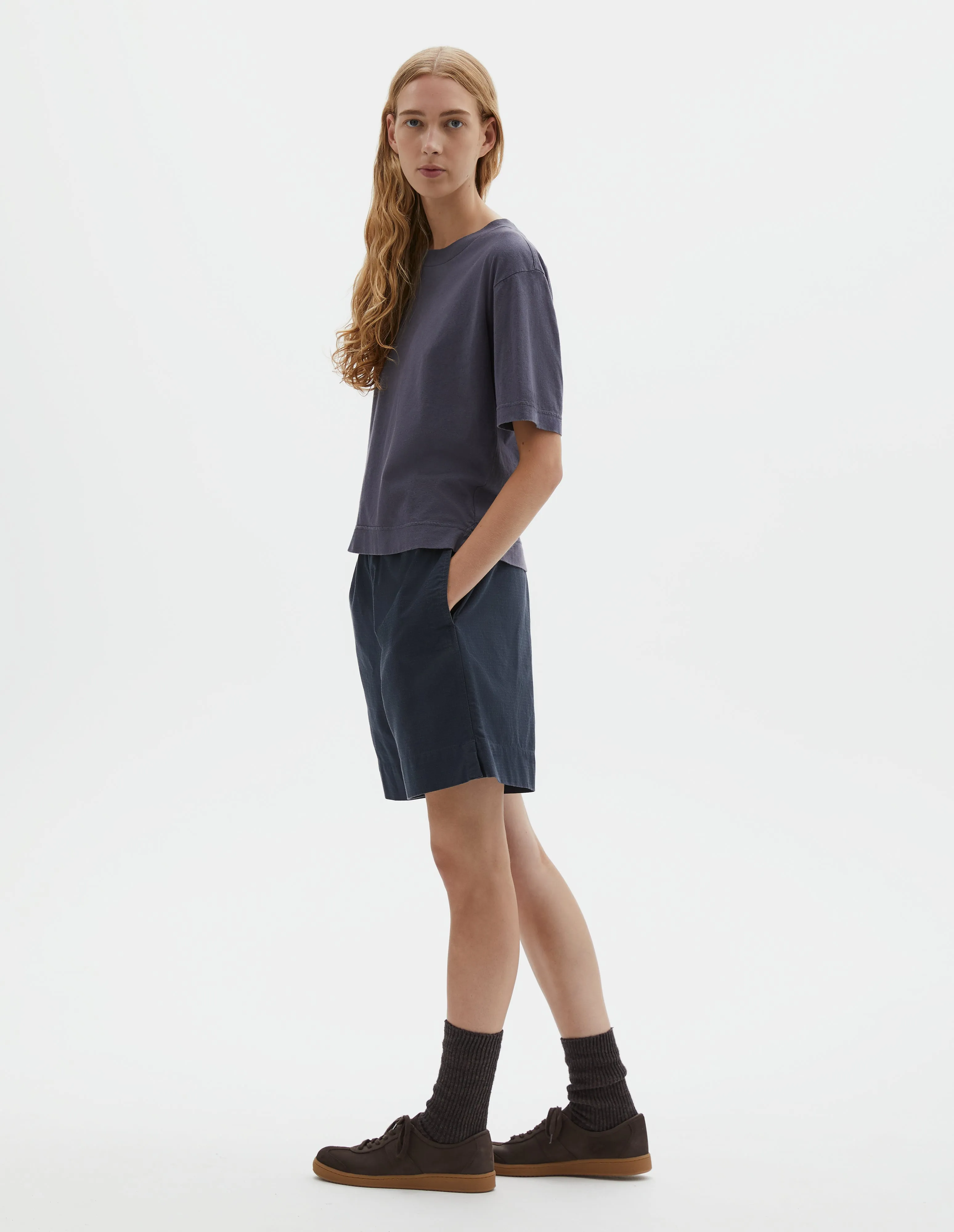 MHL. SIMPLE T SHIRT | ORGANIC COTTON LINEN JERSEY | SLATE BLUE sold by Margaret Howell product image thumbnail 2