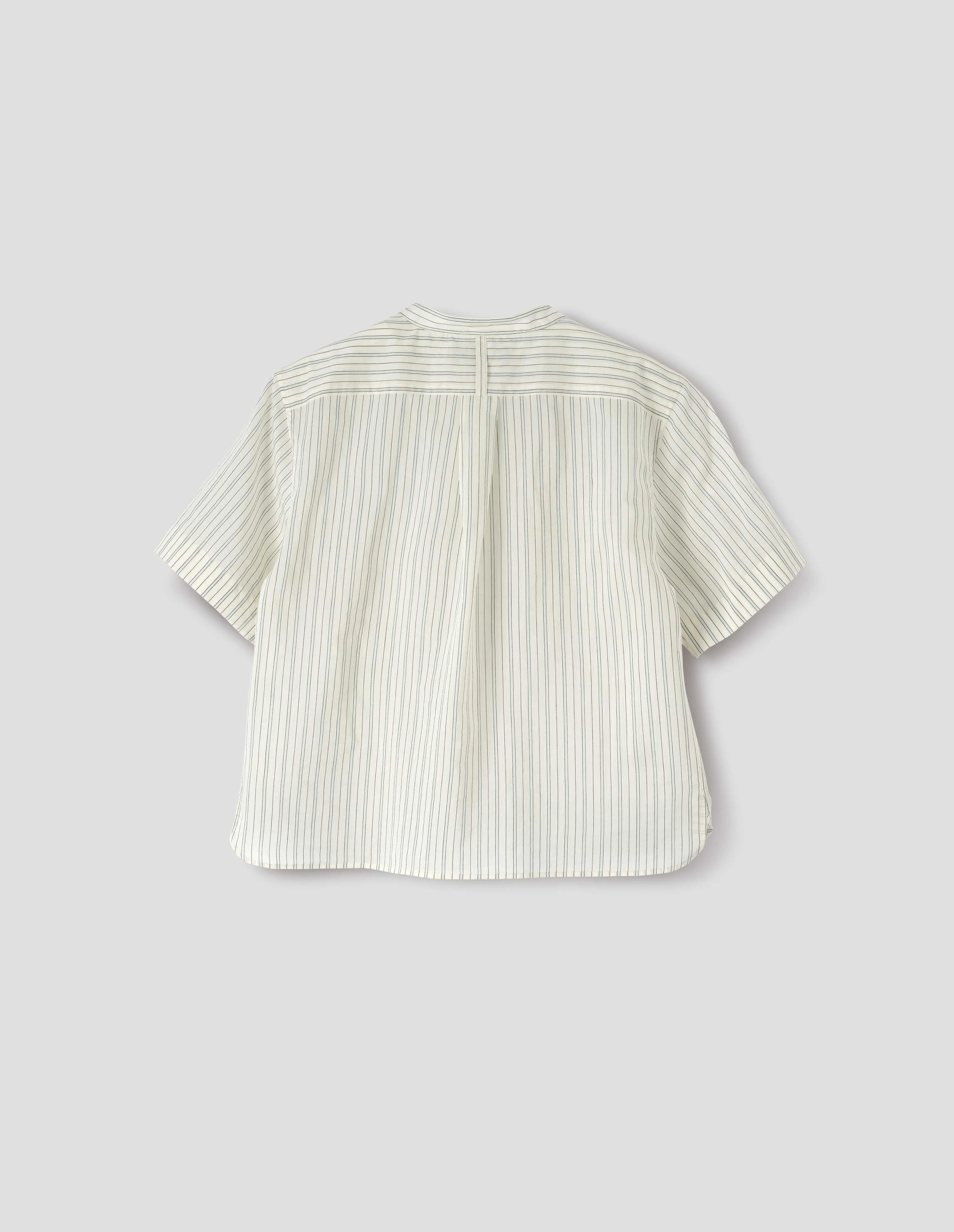 SHORT SLEEVE COLLARLESS SHIRT | COTTON SILK GRAPHIC STRIPE | ECRU / PALE BLUE sold by Margaret Howell product image thumbnail 5