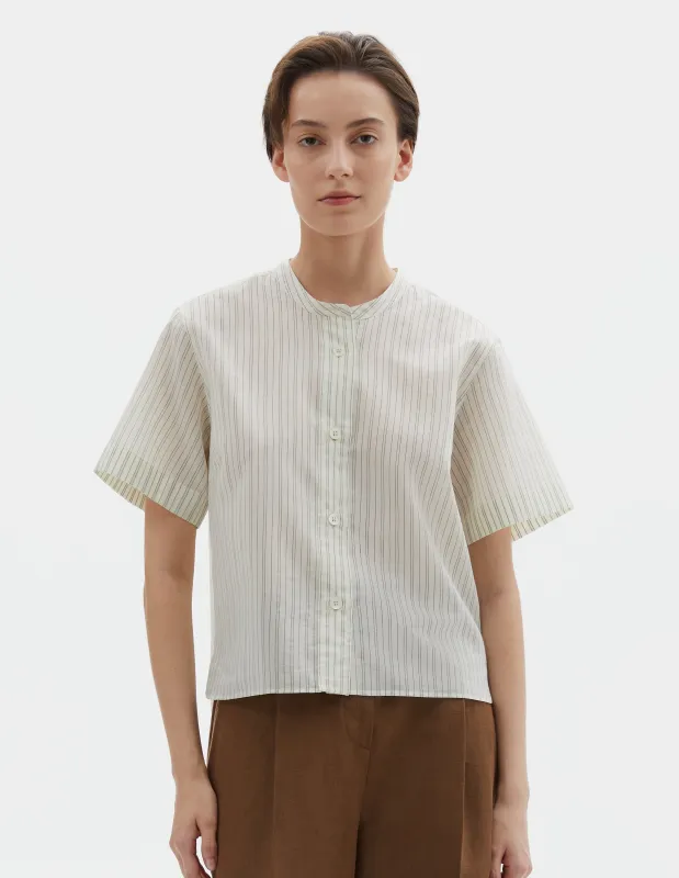SHORT SLEEVE COLLARLESS SHIRT | COTTON SILK GRAPHIC STRIPE | ECRU / PALE BLUE sold by Margaret Howell