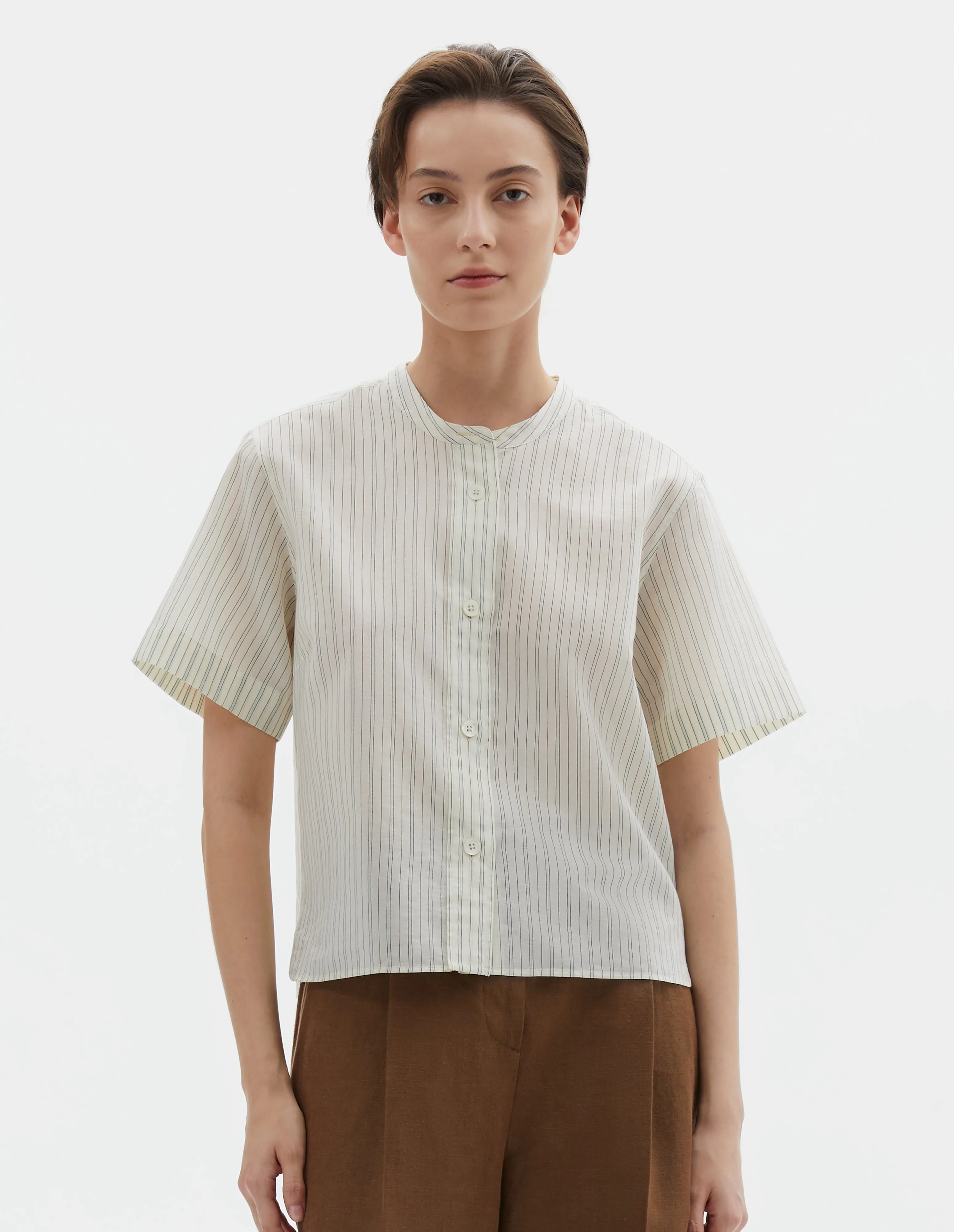 SHORT SLEEVE COLLARLESS SHIRT | COTTON SILK GRAPHIC STRIPE | ECRU / PALE BLUE sold by Margaret Howell