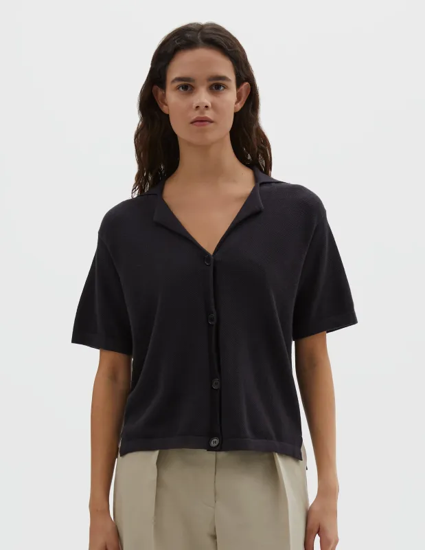 KNITTED SHORT SLEEVE SHIRT | LIGHT COTTON CASHMERE | BLACK sold by Margaret Howell