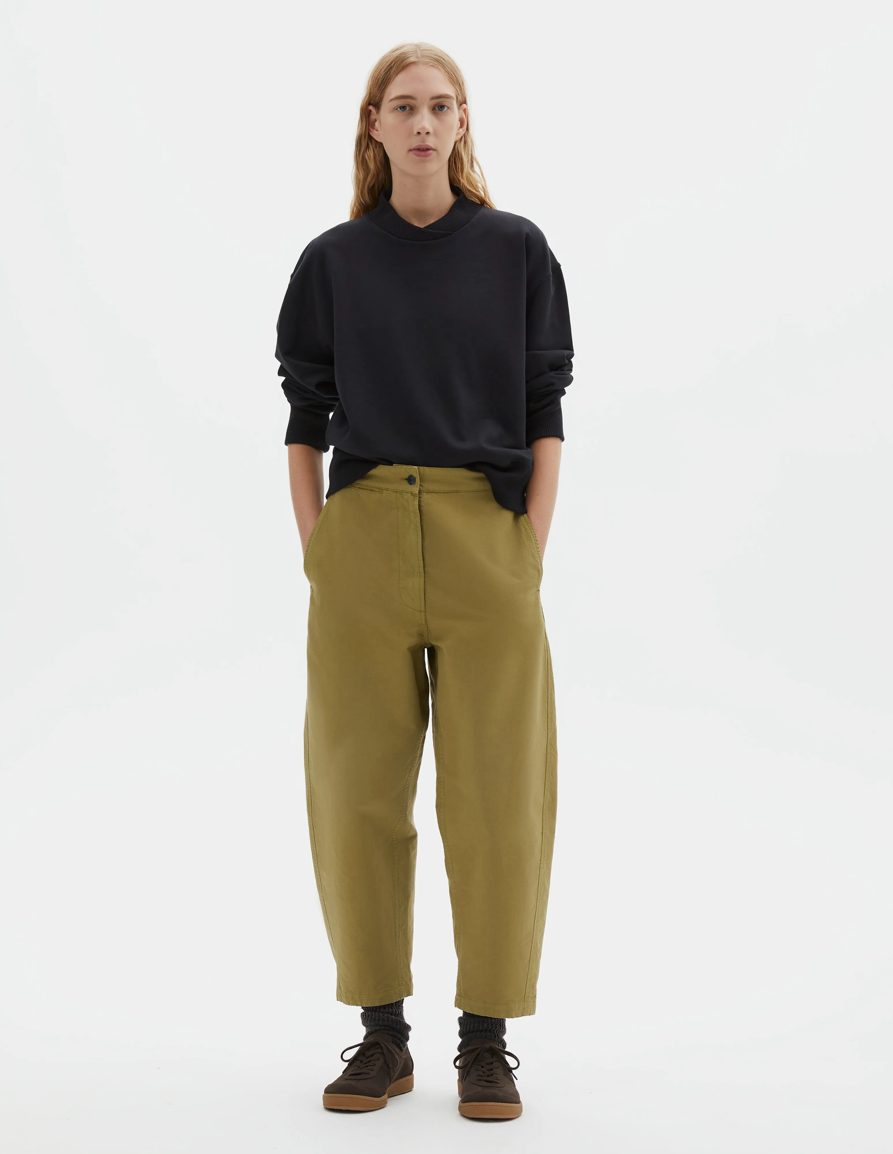 MHL. BARREL LEG TROUSERS | DRY COTTON LINEN | LIGHT OLIVE sold by Margaret Howell