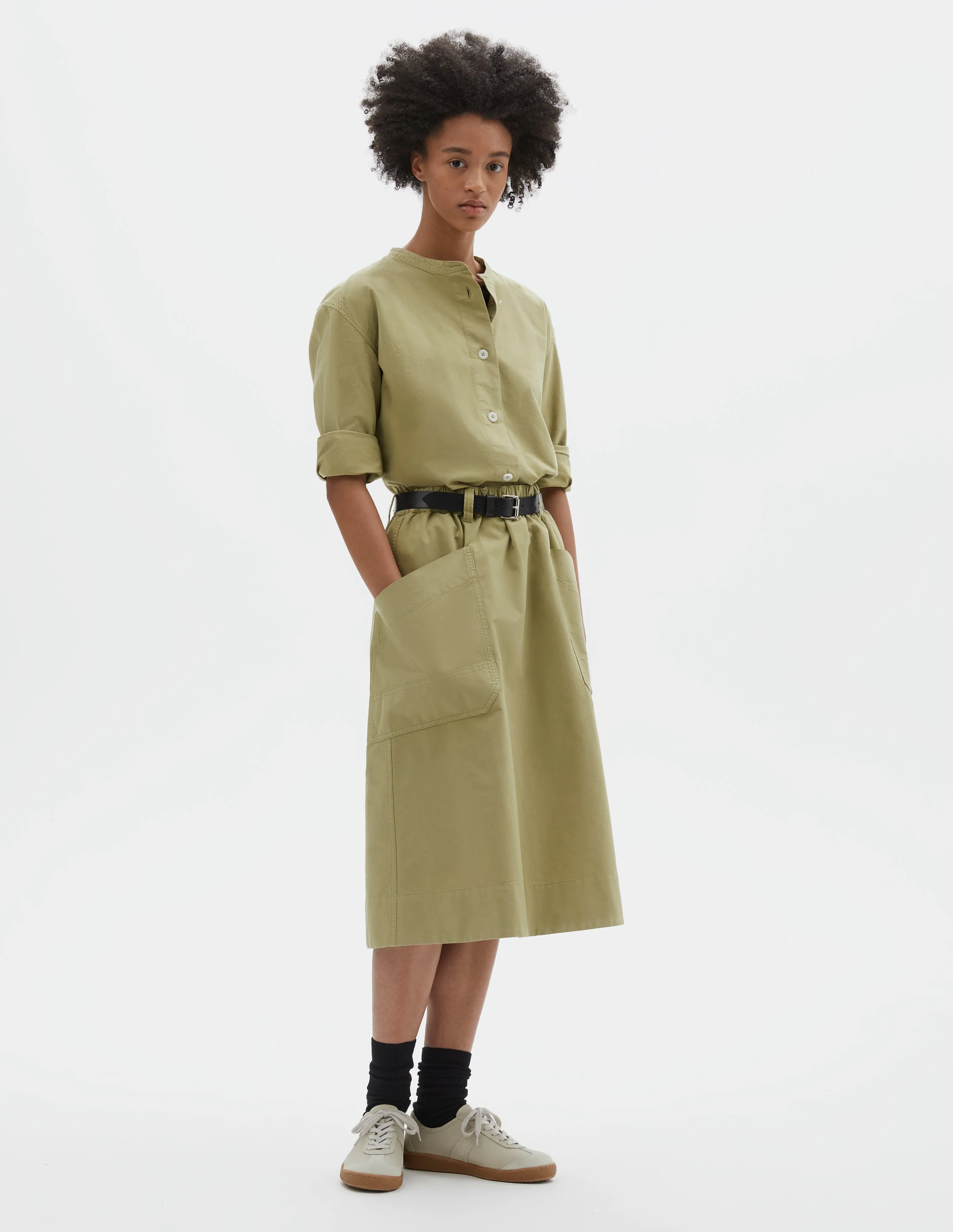 MHL. PATCH POCKET SKIRT | COTTON CANVAS SHIRTING | PALE GREEN sold by Margaret Howell