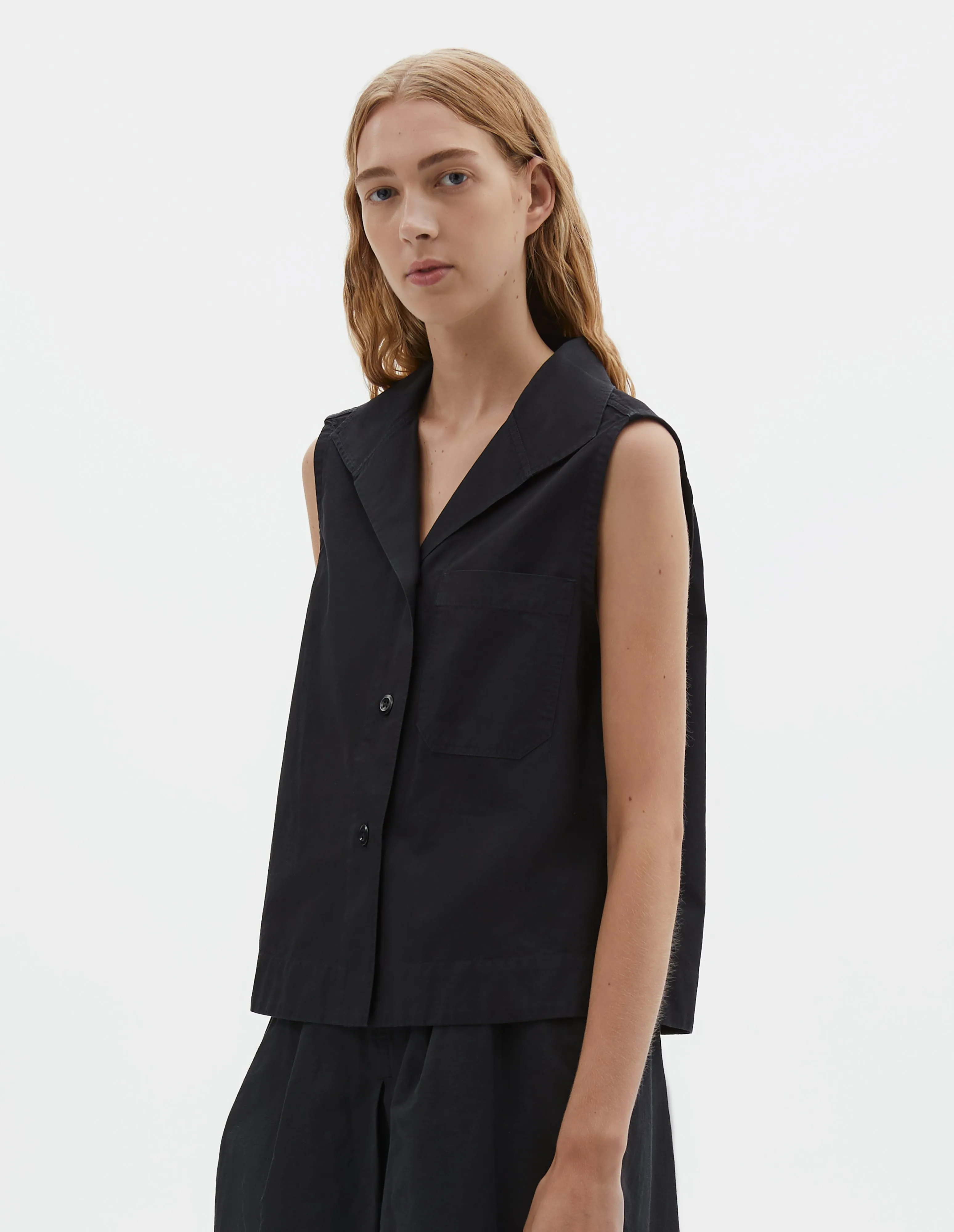 MHL. SLEEVELESS SAILOR SHIRT | DENIM PLAINWEAVE | BLACK sold by Margaret Howell