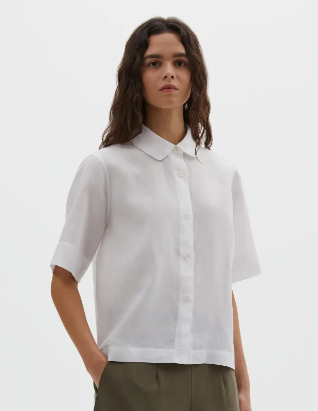 SHORT SLEEVE ROUND COLLAR SHIRT | SHIRTING LINEN | WHITE made by Margaret Howell