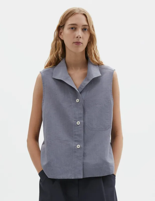 MHL. SLEEVELESS SAILOR SHIRT | LIGHTWEIGHT COTTON LINEN | STORM BLUE made by Margaret Howell